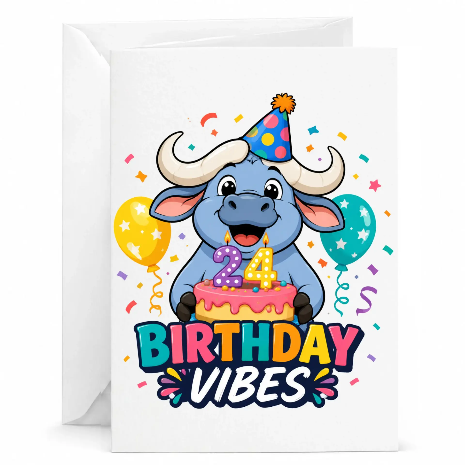 Birthday Card 24th Birthday Vibes Cute Blue Buffalo Cartoon Illustration Premium Stationery for Birthday Celebrations