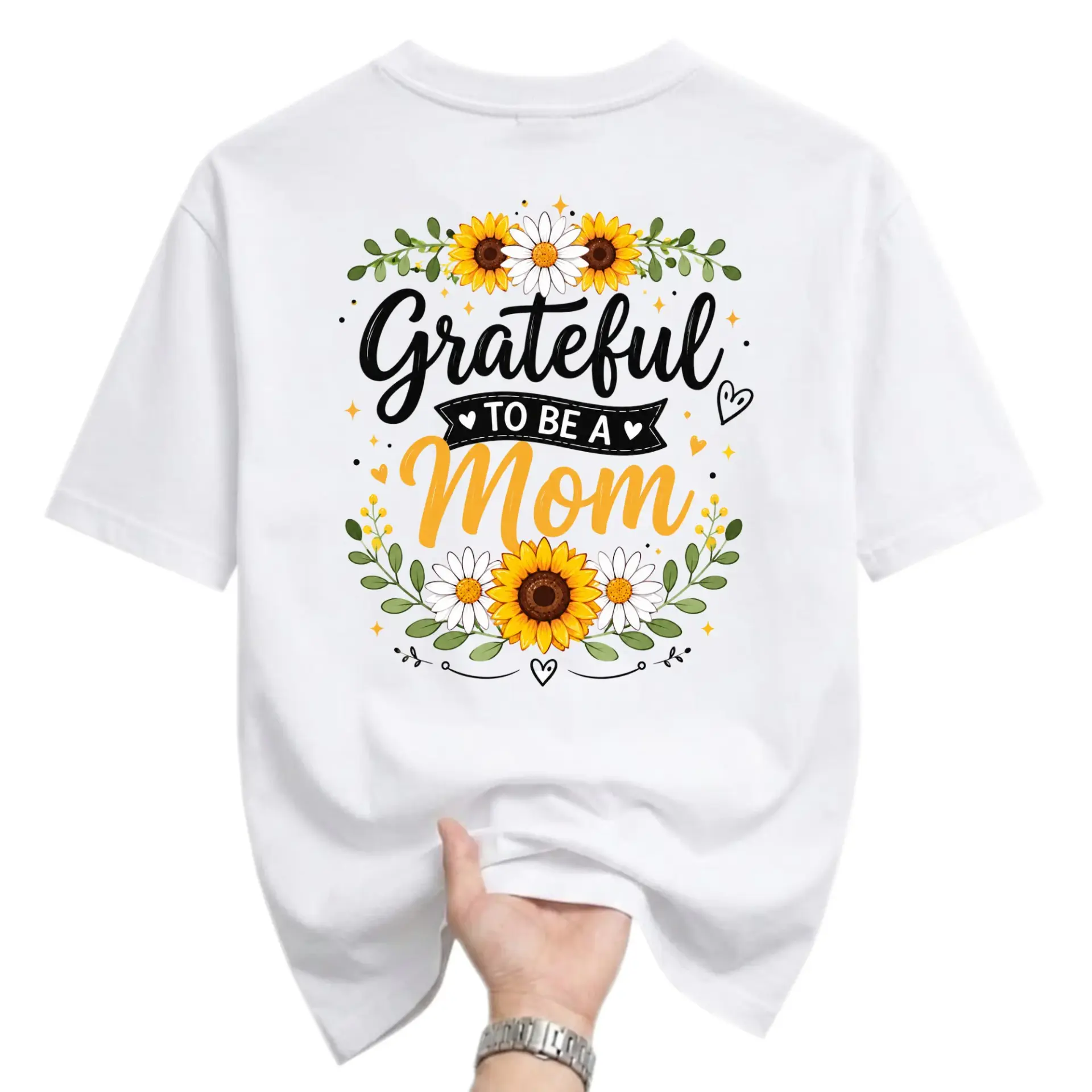 Graphic Tee Grateful to Be a Mom Floral Sunflower Daisy Design Unisex Crew Neck Short Sleeve Cotton Casual Shirt