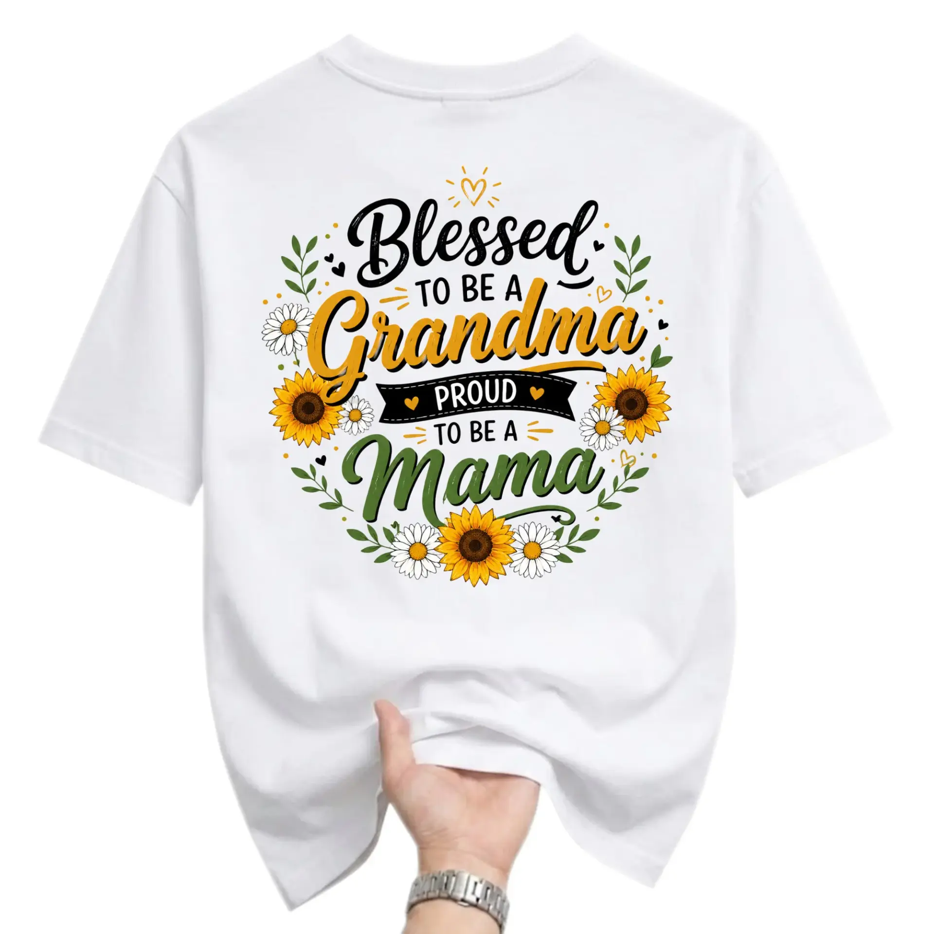 Graphic Tee Blessed to Be a Grandma Proud to Be a Mama Sunflower Floral Print Unisex Crew Neck Casual Cotton Shirt