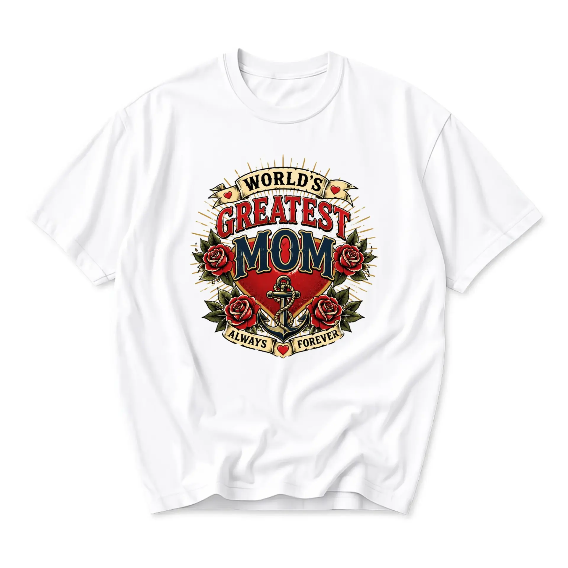 T-shirt World's Greatest Mom Graphic Tee Traditional Tattoo Style Anchor Rose Heart Design Unisex Casual Apparel