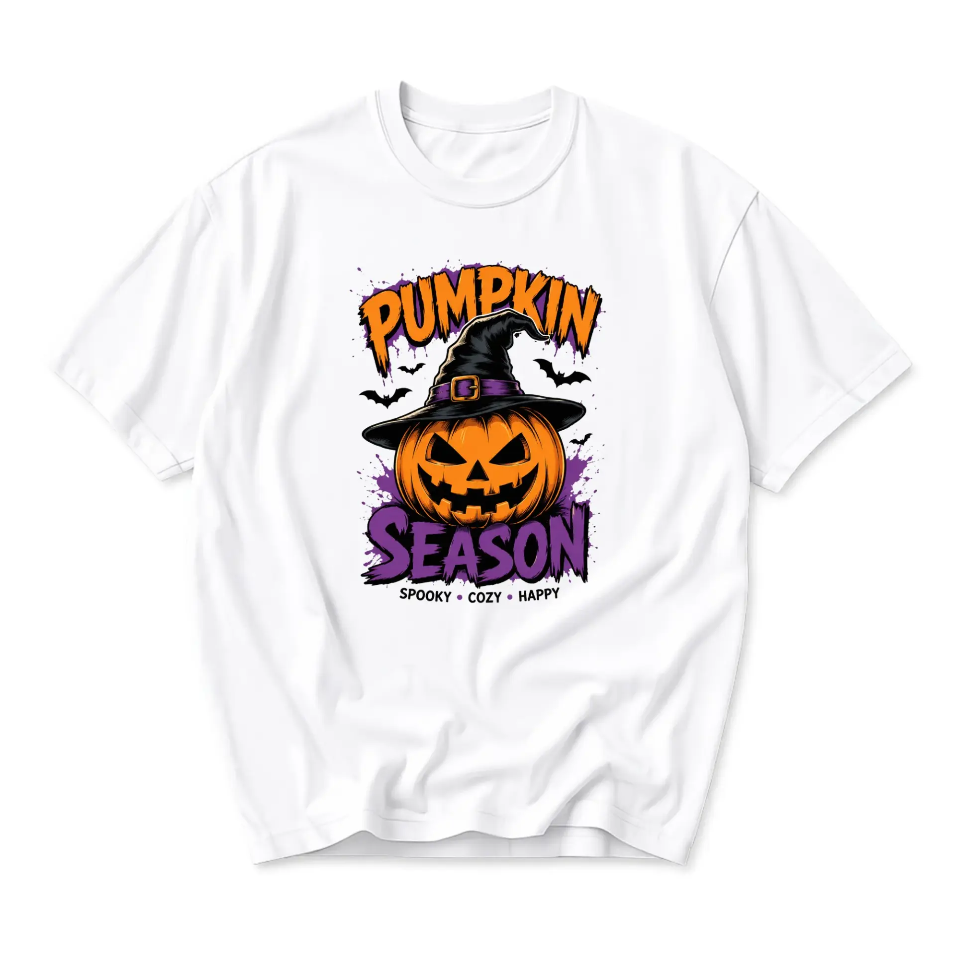Graphic Tee Pumpkin Season Witch Hat Jack O Lantern Print Unisex Crew Neck Casual Everyday Short Sleeve Shirt White