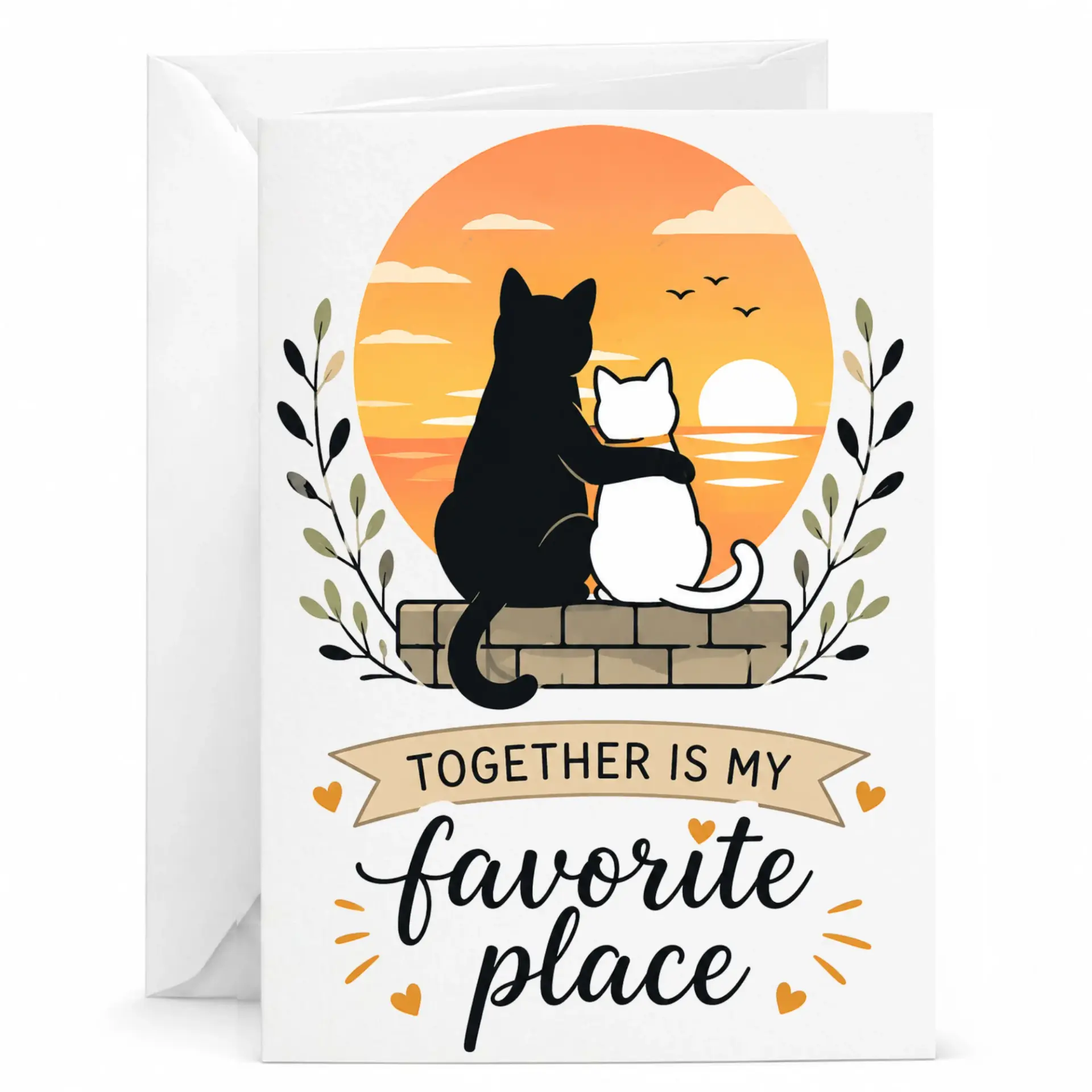 Greeting Card Together Is My Favorite Place Featuring Two Cute Cats Watching the Sunset Illustration Art Design