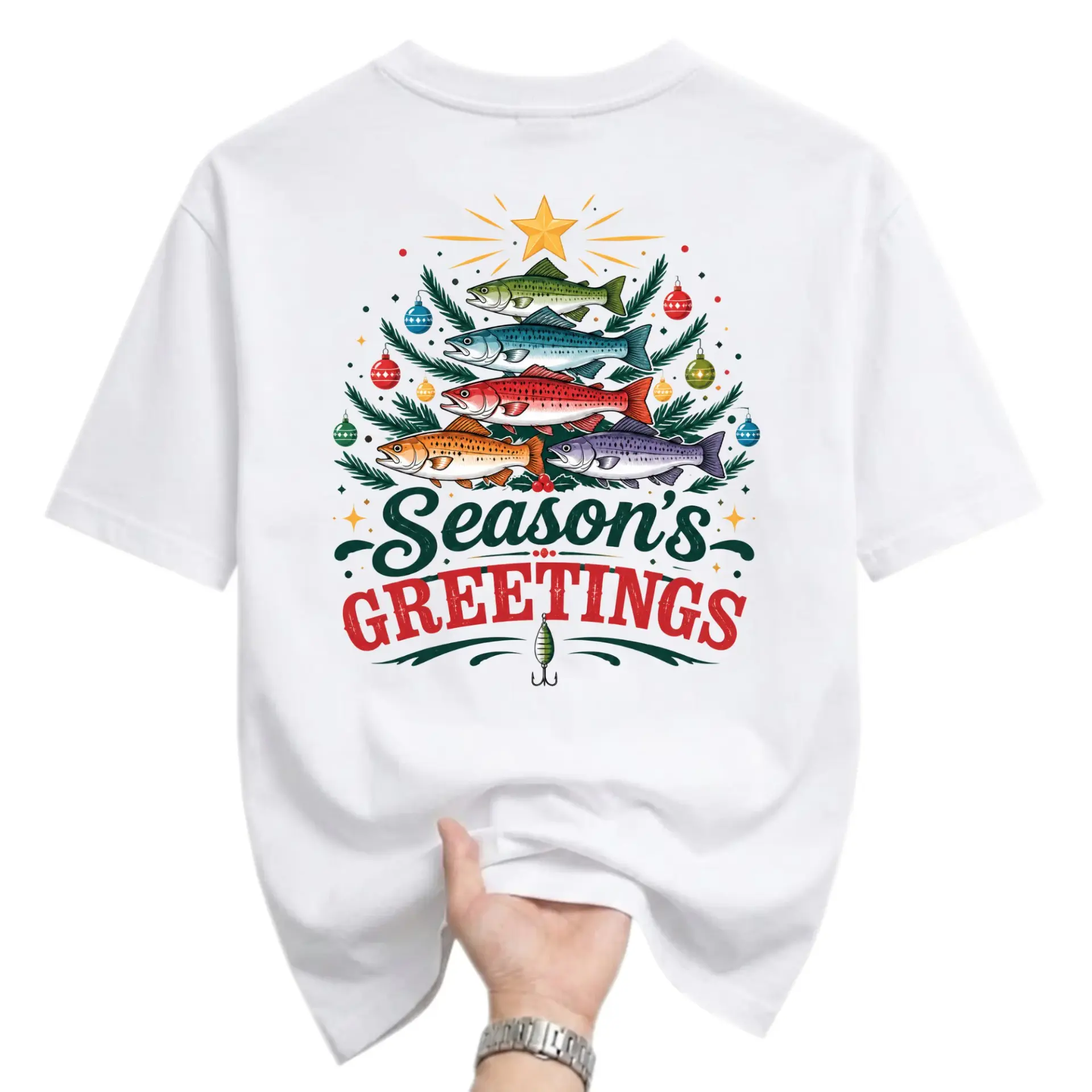 T-shirt Season's Greetings Fishing Christmas Tree Graphic Tee Unisex Casual