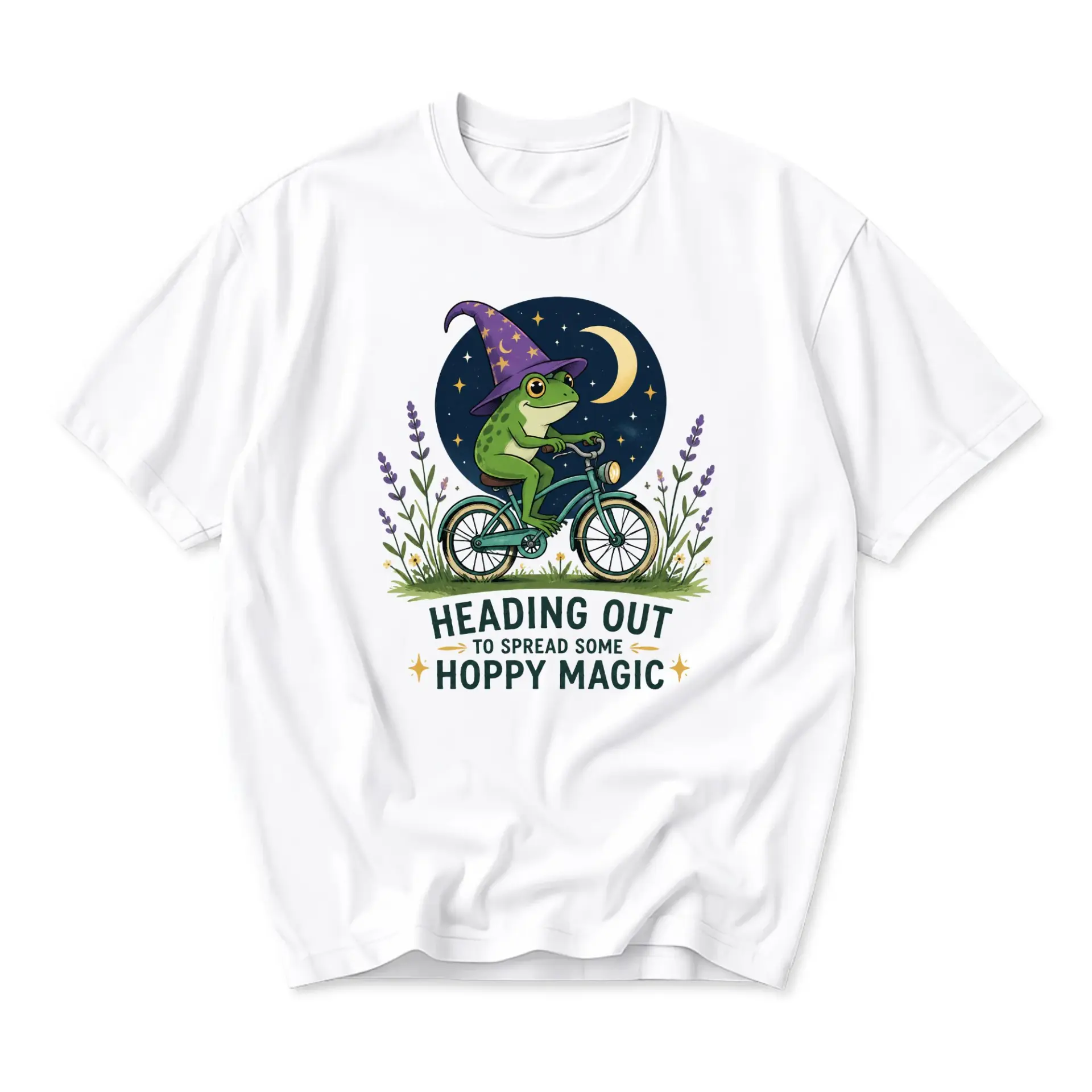 Graphic Tee Unisex Crew Neck Short Sleeve Shirt Featuring Cute Wizard Frog Riding a Bicycle with Magic Theme Art