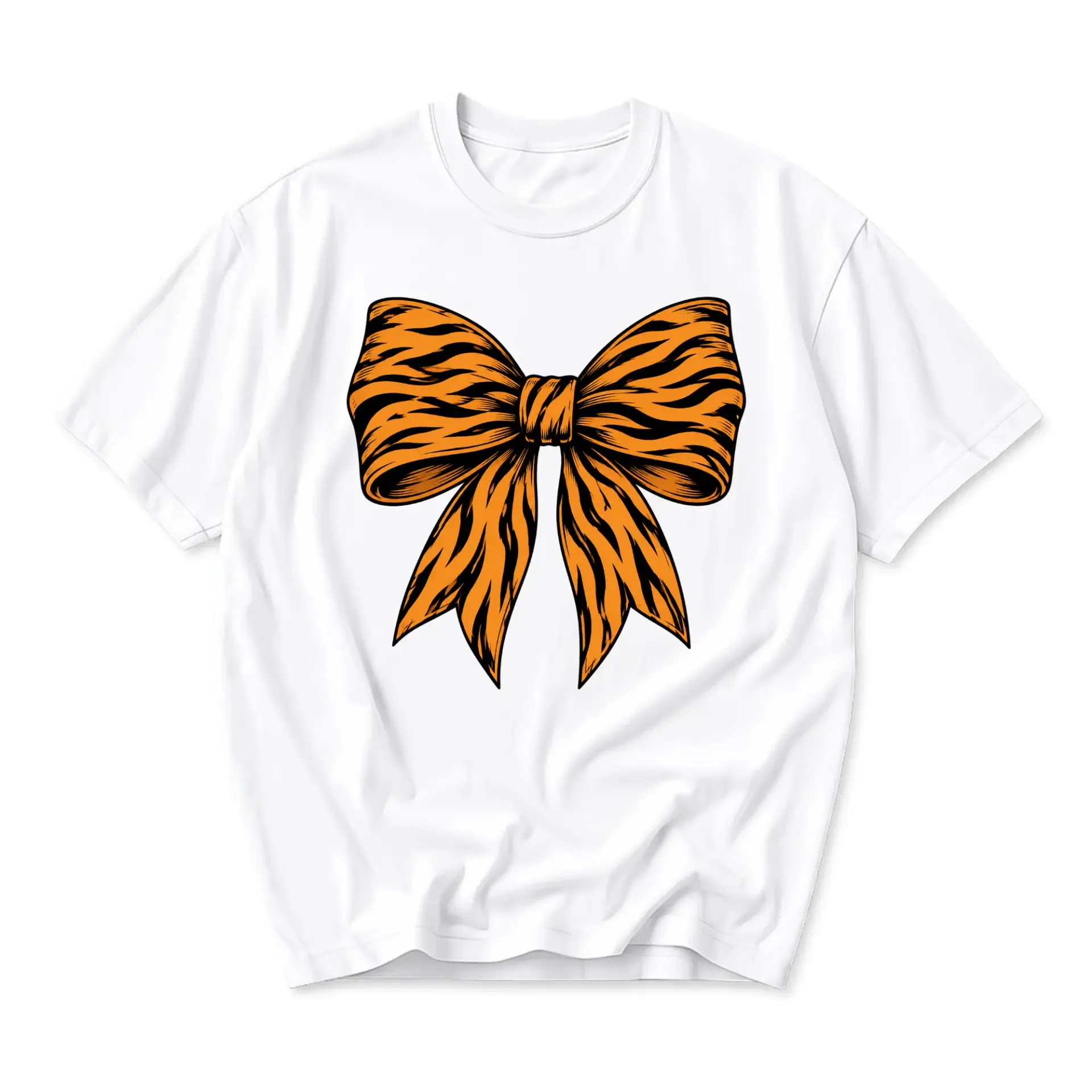 Graphic Tee Unisex White T-Shirt Featuring a Vibrant Tiger Print Pattern Bow Illustration for Casual Everyday Wear