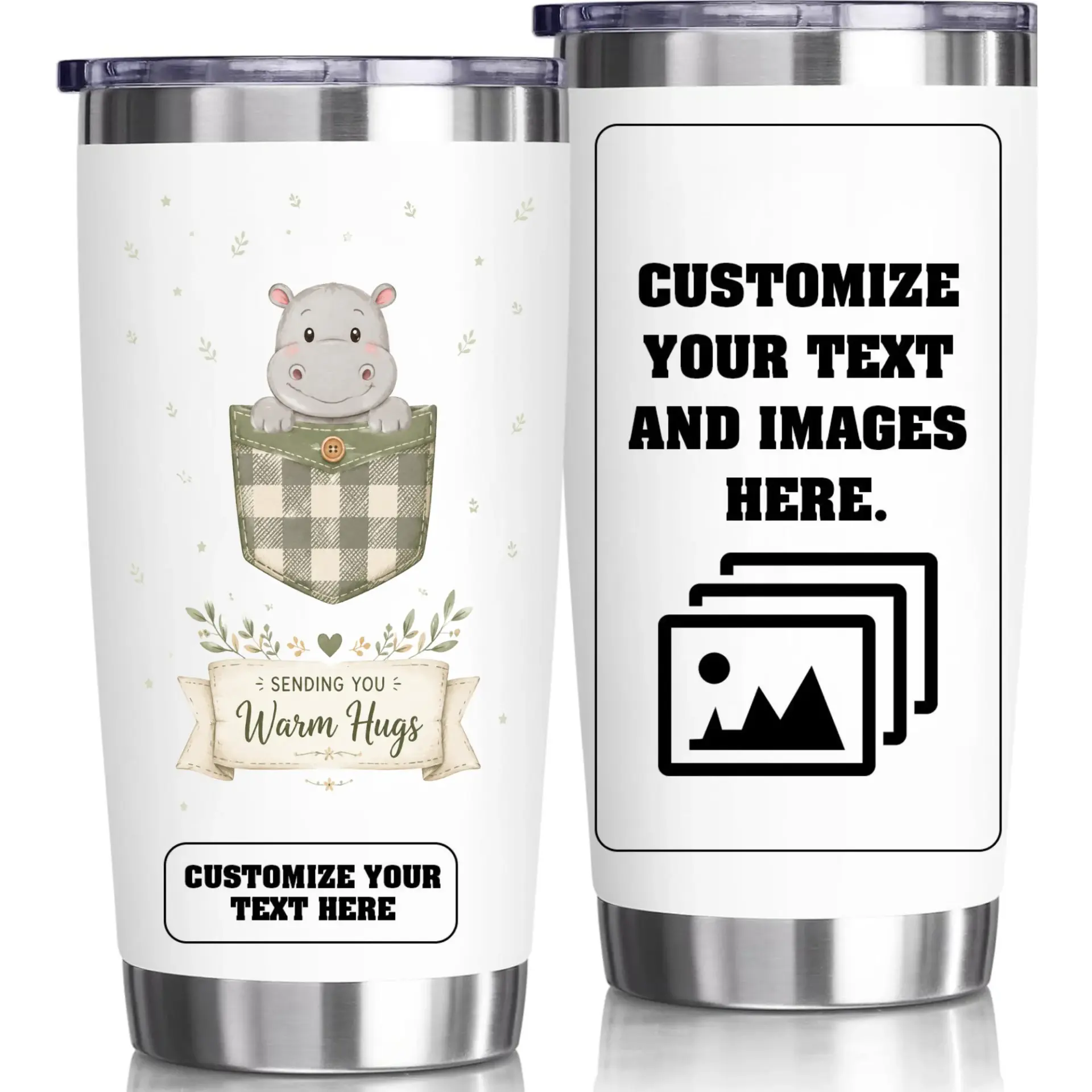 Stainless Steel Tumbler 20oz Personalized Travel Cup Cute Hippo Illustration Double Wall Vacuum Insulated Coffee Mug