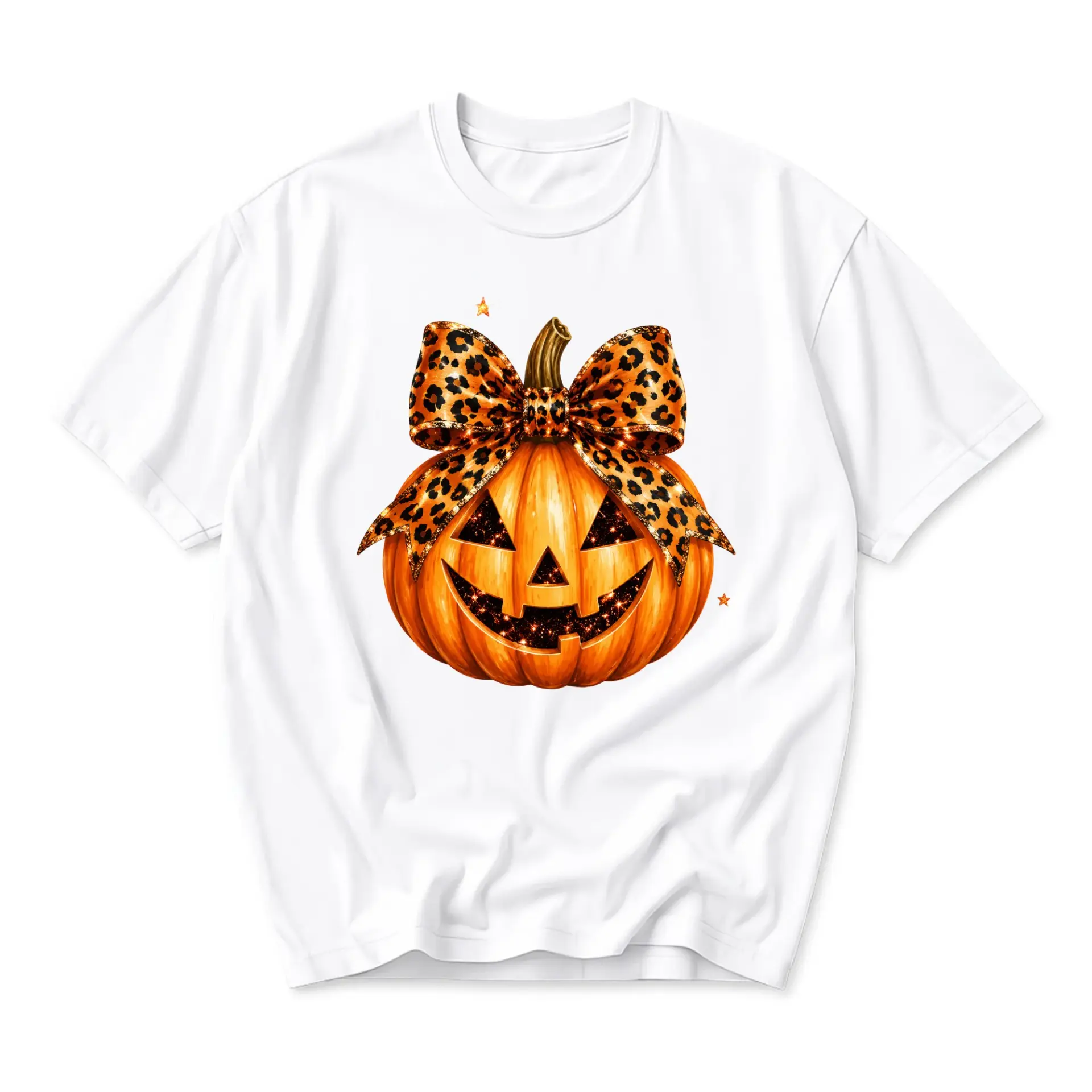 Graphic Tee Pumpkin with Leopard Print Bow Design Unisex Crew Neck Short Sleeve Casual Fall Holiday Cotton Shirt