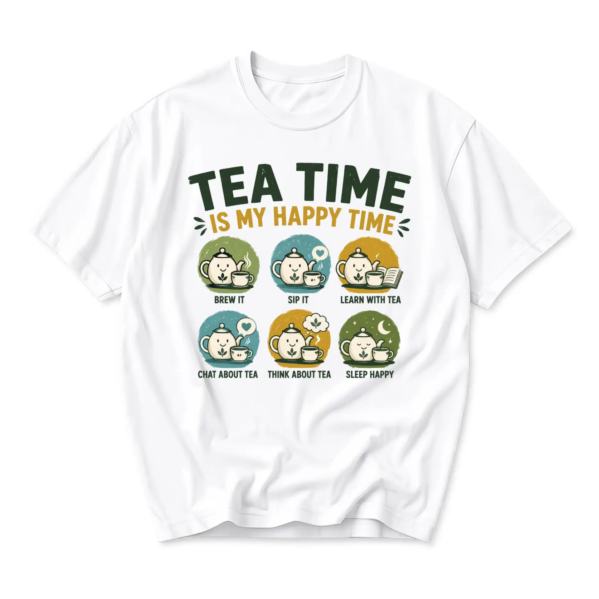 Graphic Tee Time Is My Happy Shirt Cute Kawaii Teapot Illustration Casual Unisex Short Sleeve Crew Neck Top