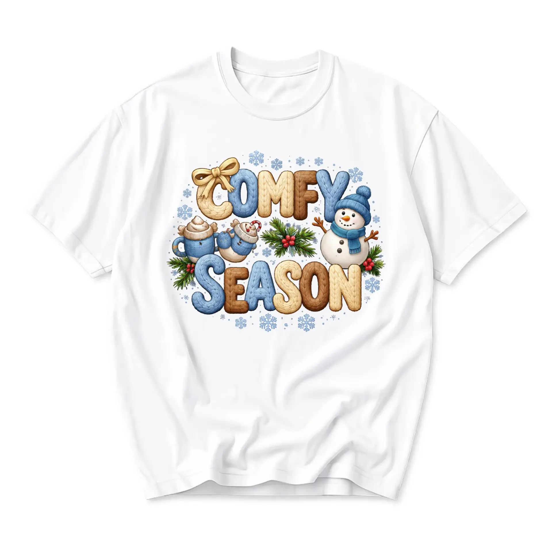 Graphic Tee Comfy Season Theme Shirt Cute Snowman Cocoa Print Unisex Crew