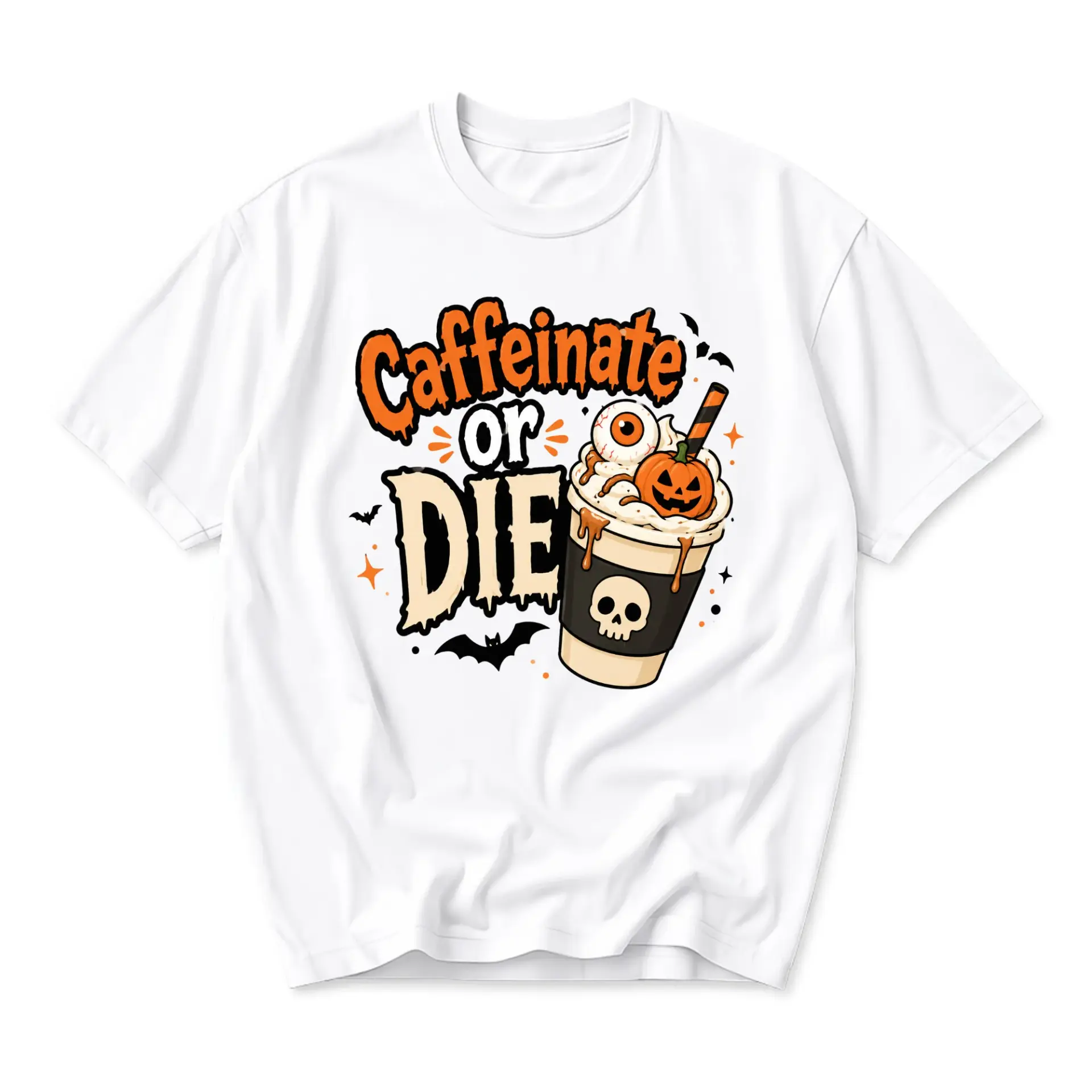 Funny Shirt Caffeinate or Die Halloween Coffee Graphic Tee Unisex Crew Neck Apparel for Casual Wear and Everyday Outfits