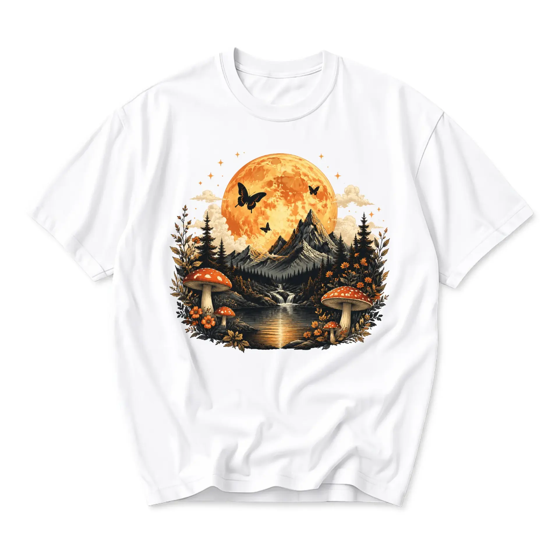 Graphic Tee Unisex Moon Mountain Mushroom Illustration Print Short Sleeve Casual Crew Neck Soft Cotton Blend Apparel
