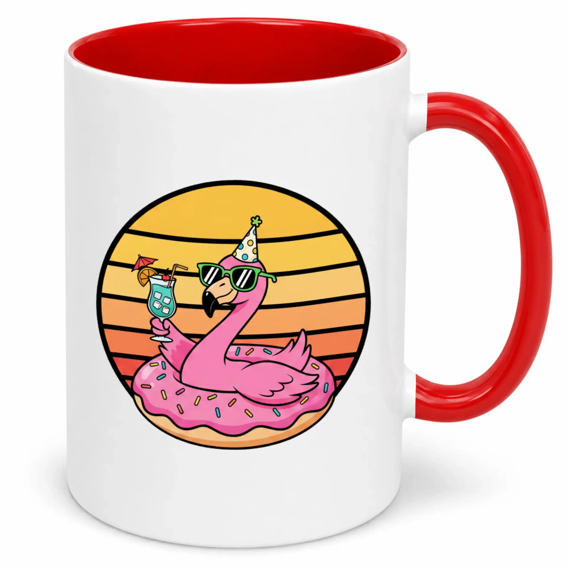 Funny Flamingo Coffee Mug | Ceramic Beverage Cup with Party Flamingo in Donut Float & Cocktail Design | Unique Drinkware Gift