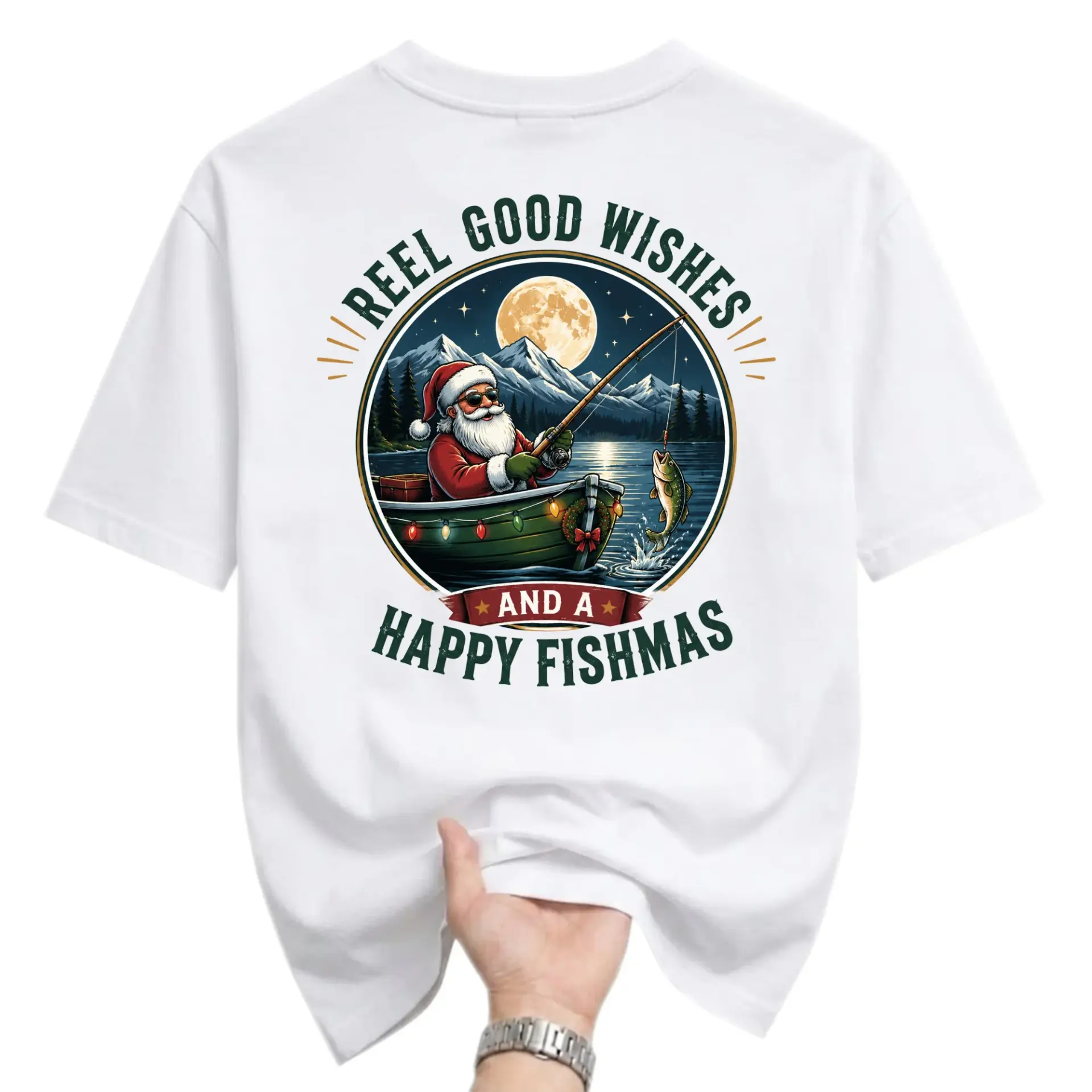Graphic Tee Santa Fishing Reel Good Wishes Funny Fishmas Holiday Unisex Crew Neck Casual Cotton Blend T-Shirt