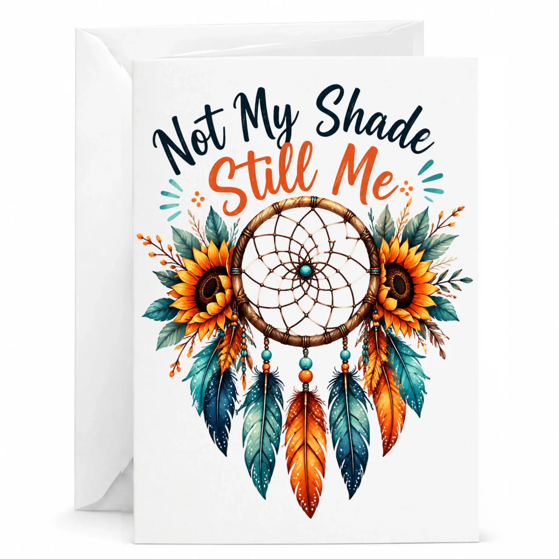 Funny Greeting Card with Dreamcatcher and Sunflower Illustration, Whimsical Boho Art Note for Birthday or Encouragement