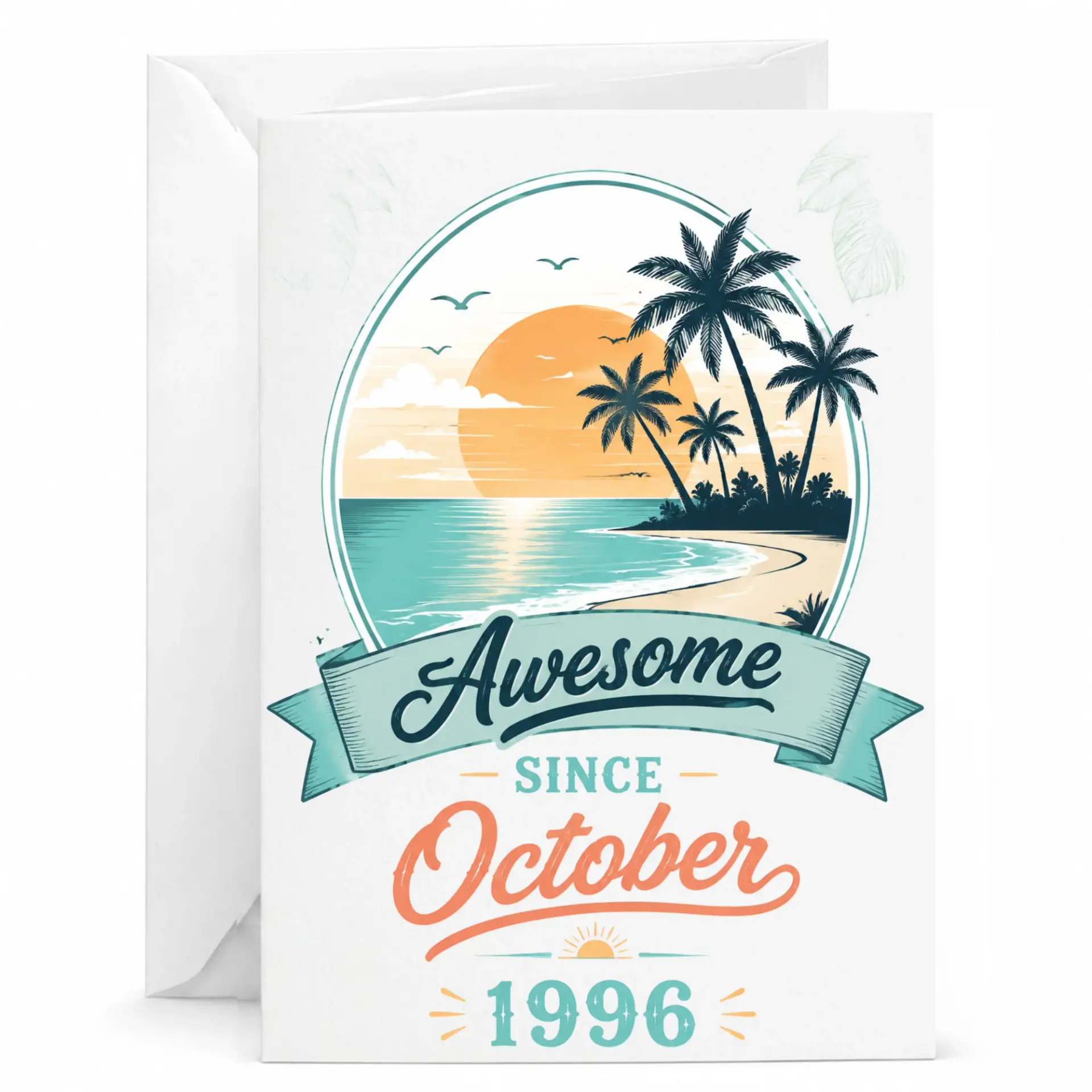 Birthday Card Awesome Since October 1996 Tropical Beach Sunset Theme Premium Folded Greeting Card for Milestone Celebration