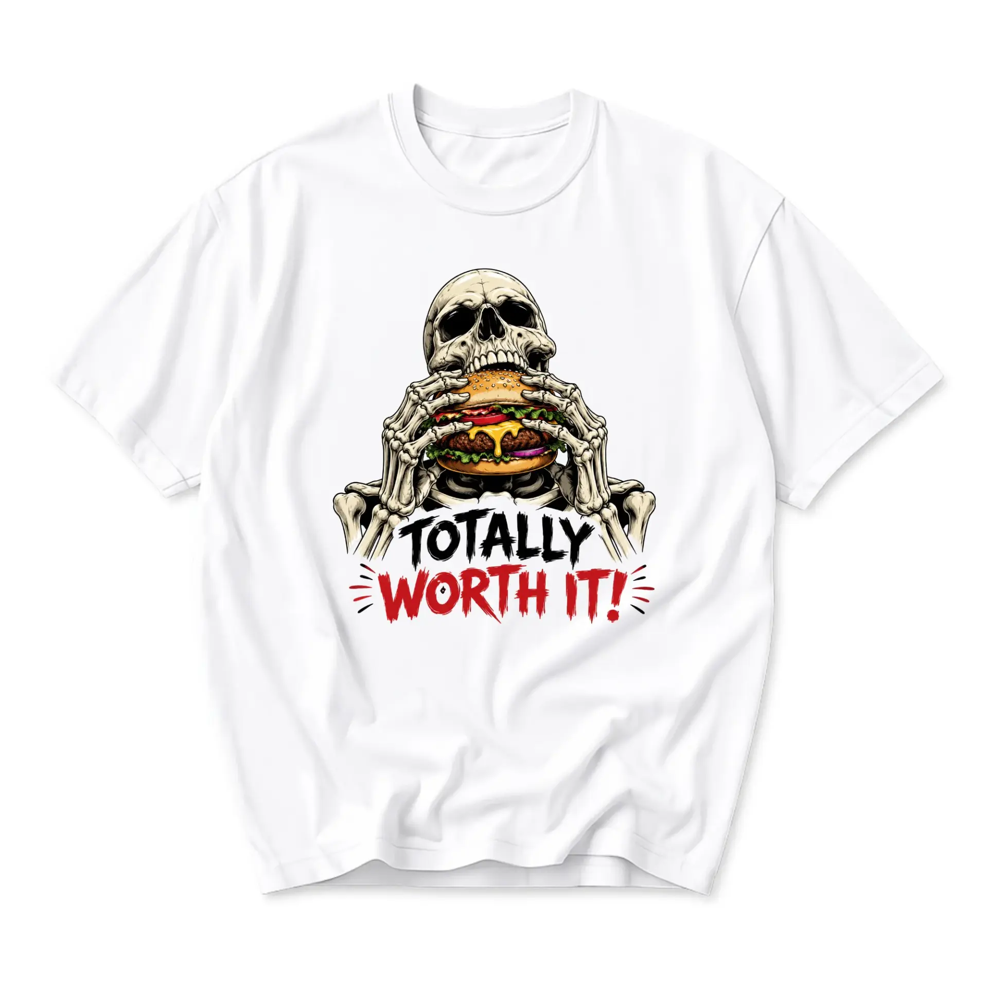 Graphic Tee Totally Worth It Skeleton Eating Burger Funny Unisex Crew Neck Casual Everyday Short Sleeve Cotton Shirt