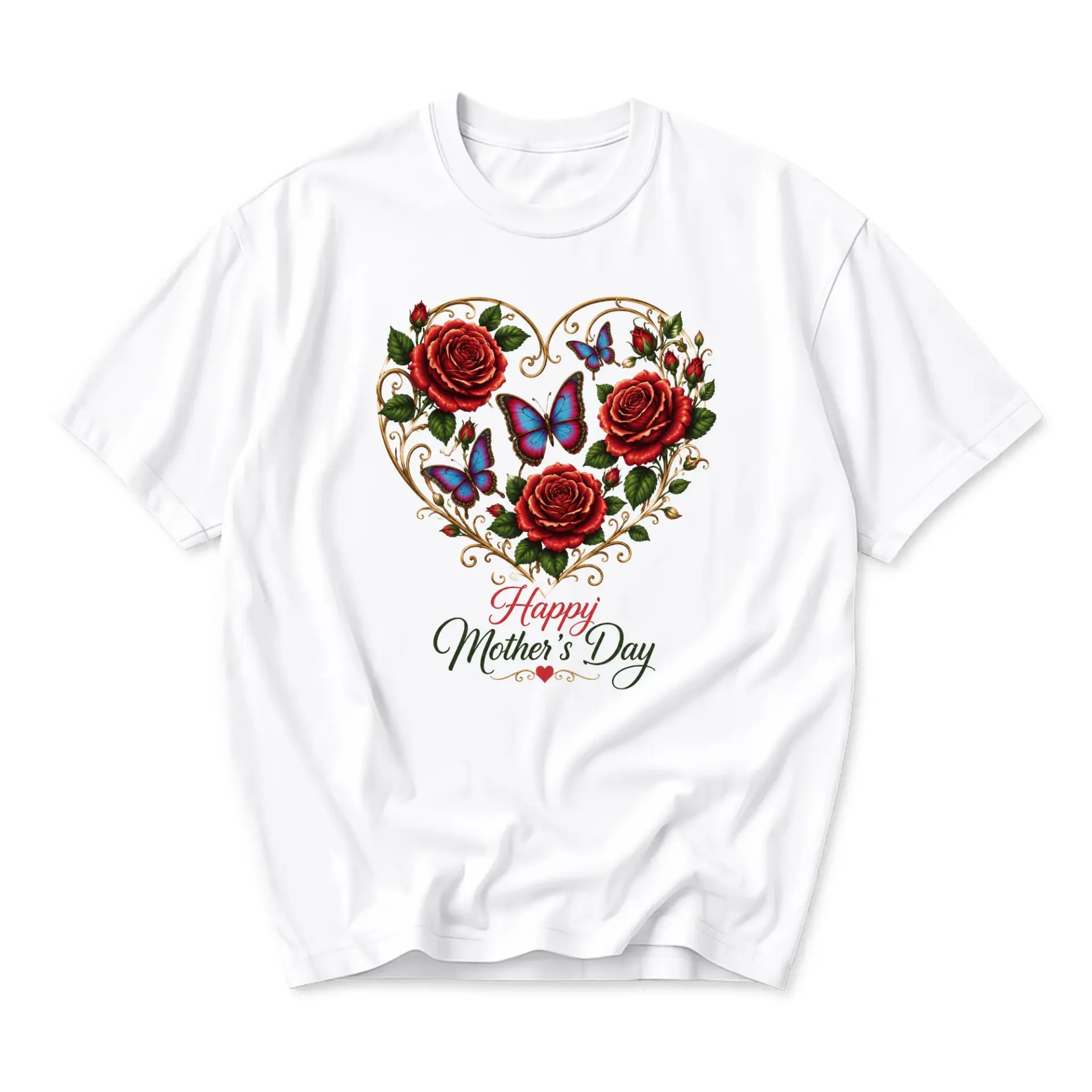Graphic Tee Happy Mothers Day Heart Rose and Butterfly Floral Print Unisex Casual Crew Neck Short Sleeve Shirt