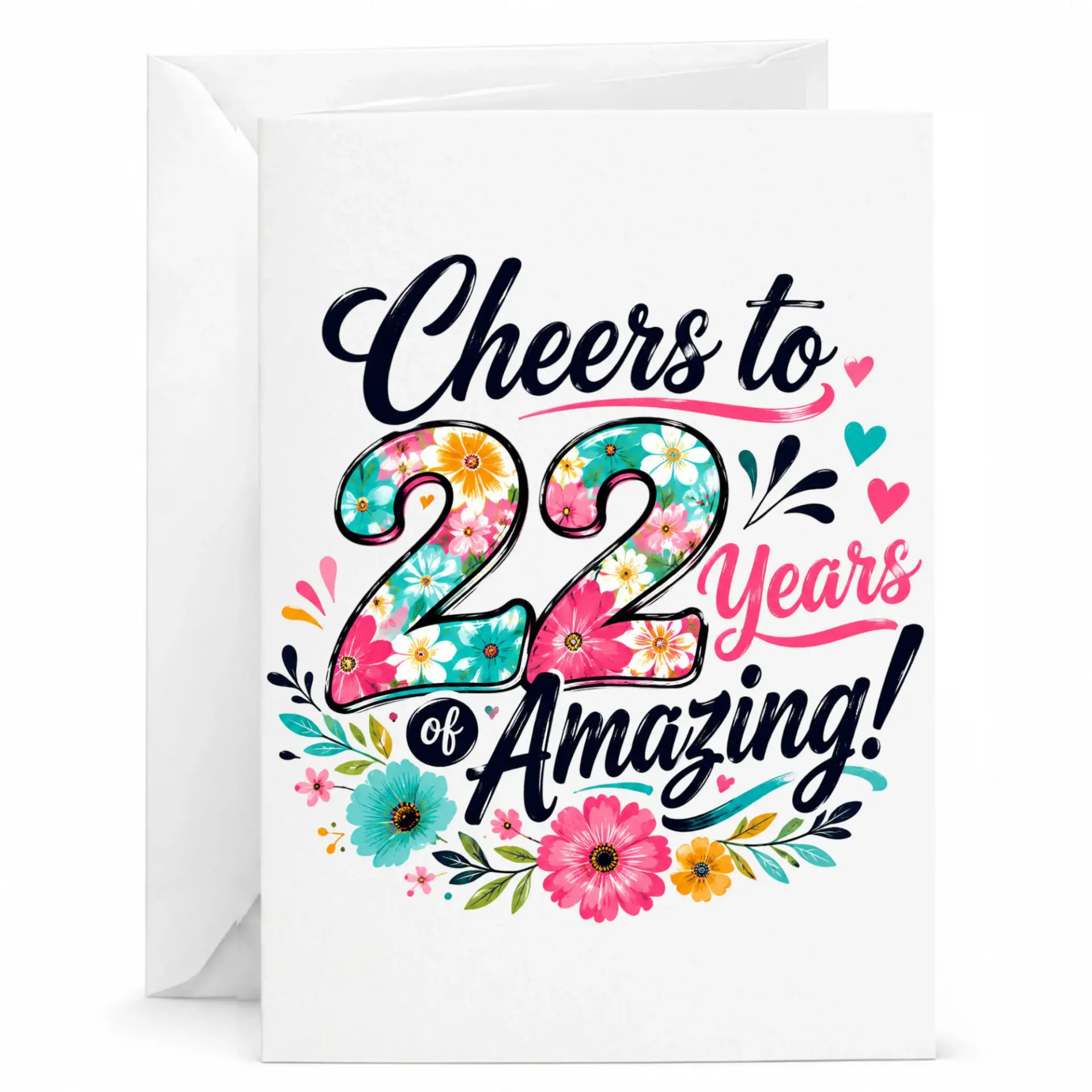 Birthday Card Cheers to 22 Years of Floral Typography Greeting for Twenty Second Anniversary or Milestone
