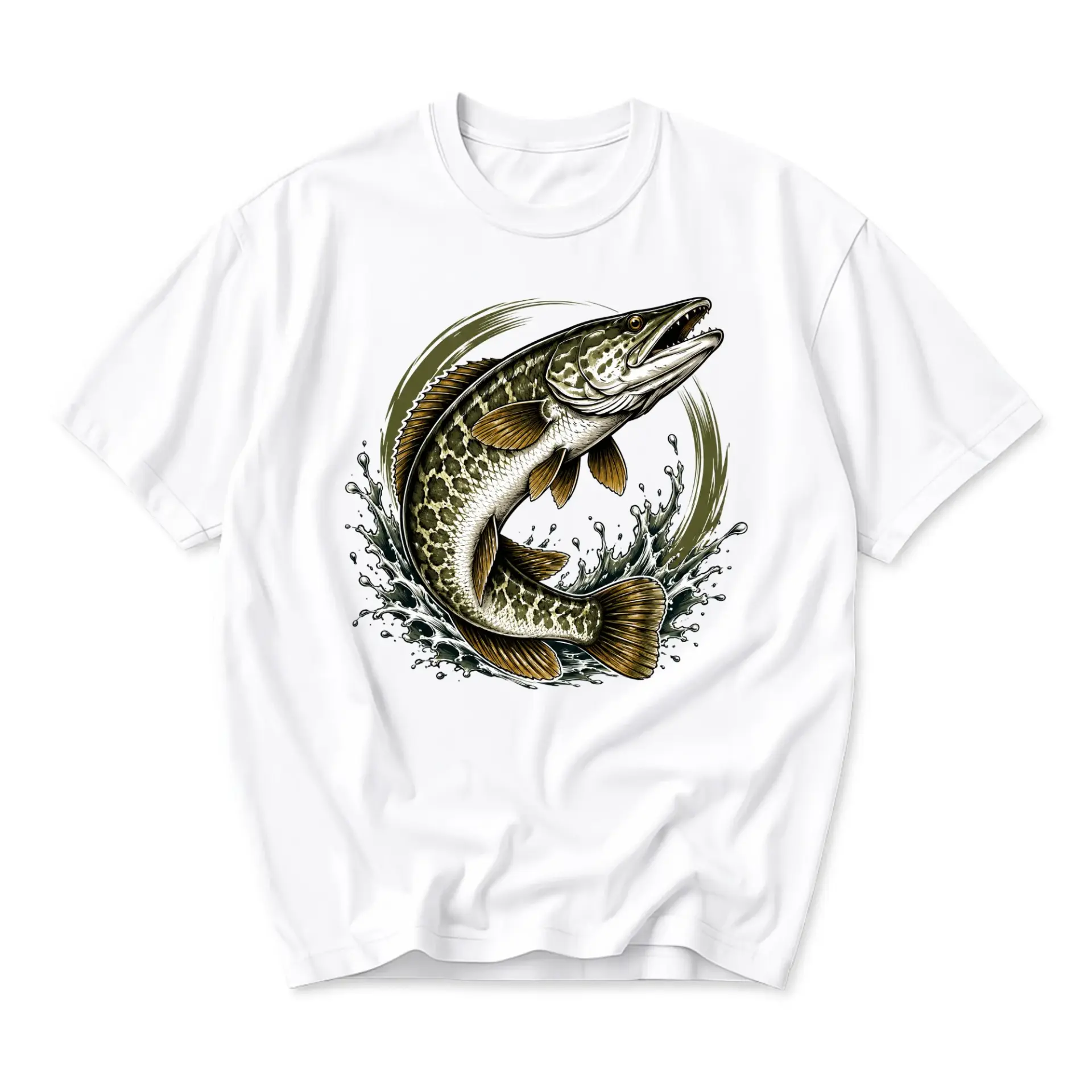 Graphic Tee Unisex Crew Neck T-Shirt Featuring Detailed Freshwater Muskie
