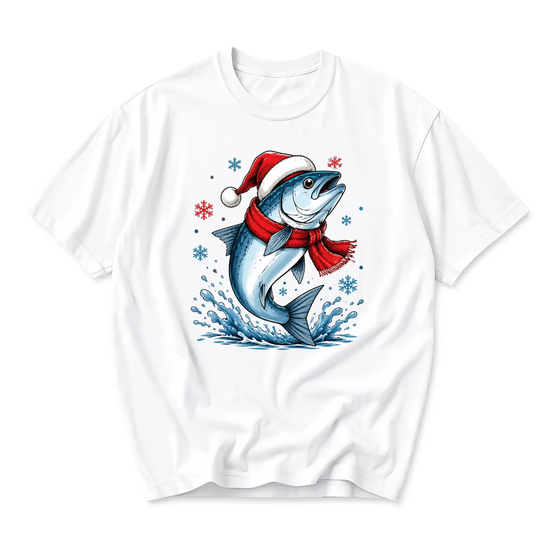 Graphic Tee Featuring a Festive Fish Wearing a Santa Hat and Scarf for a