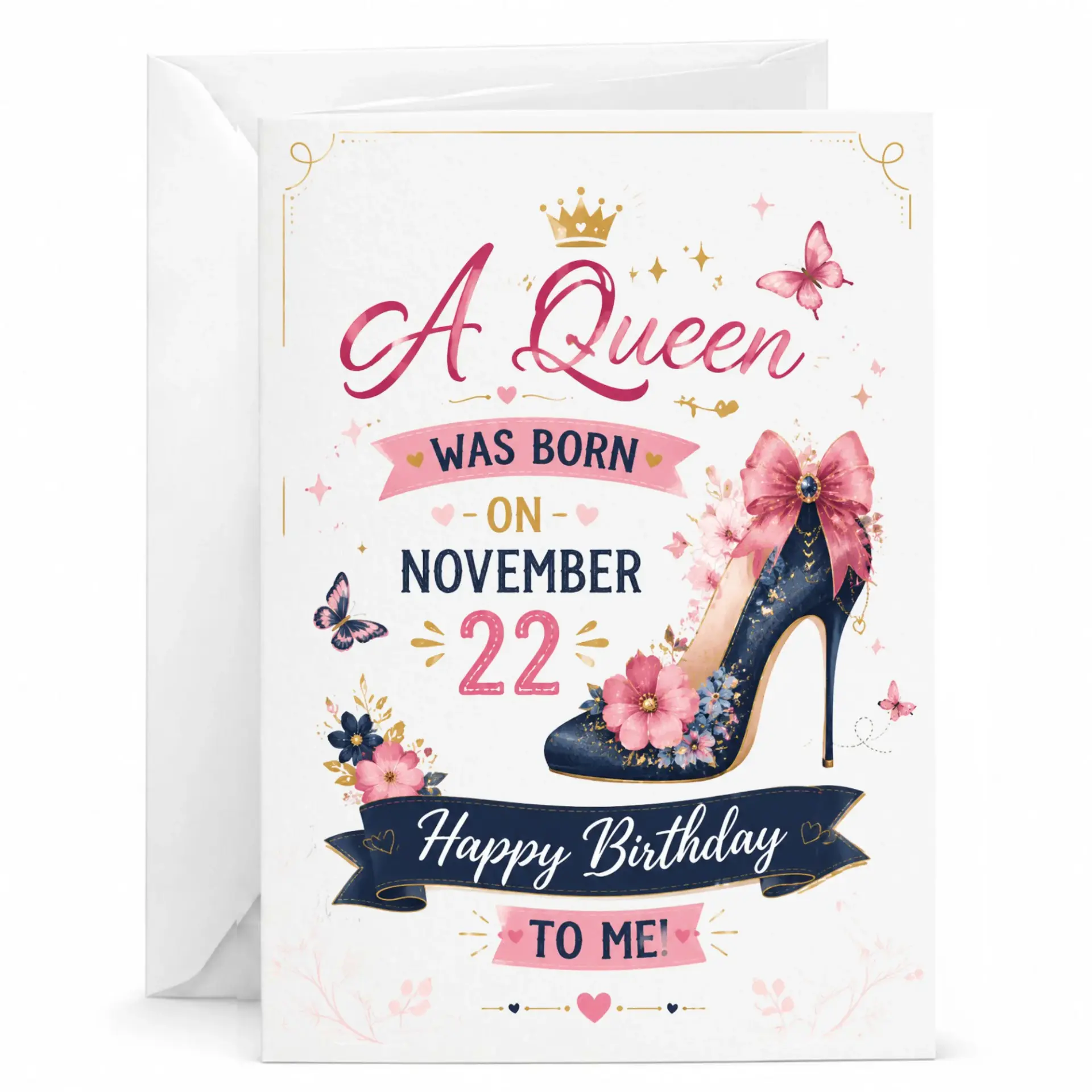 Birthday Card for Her Queen Was Born November 22 Aesthetic Floral High Heel Shoe Design Printed Greeting Card with Envelope