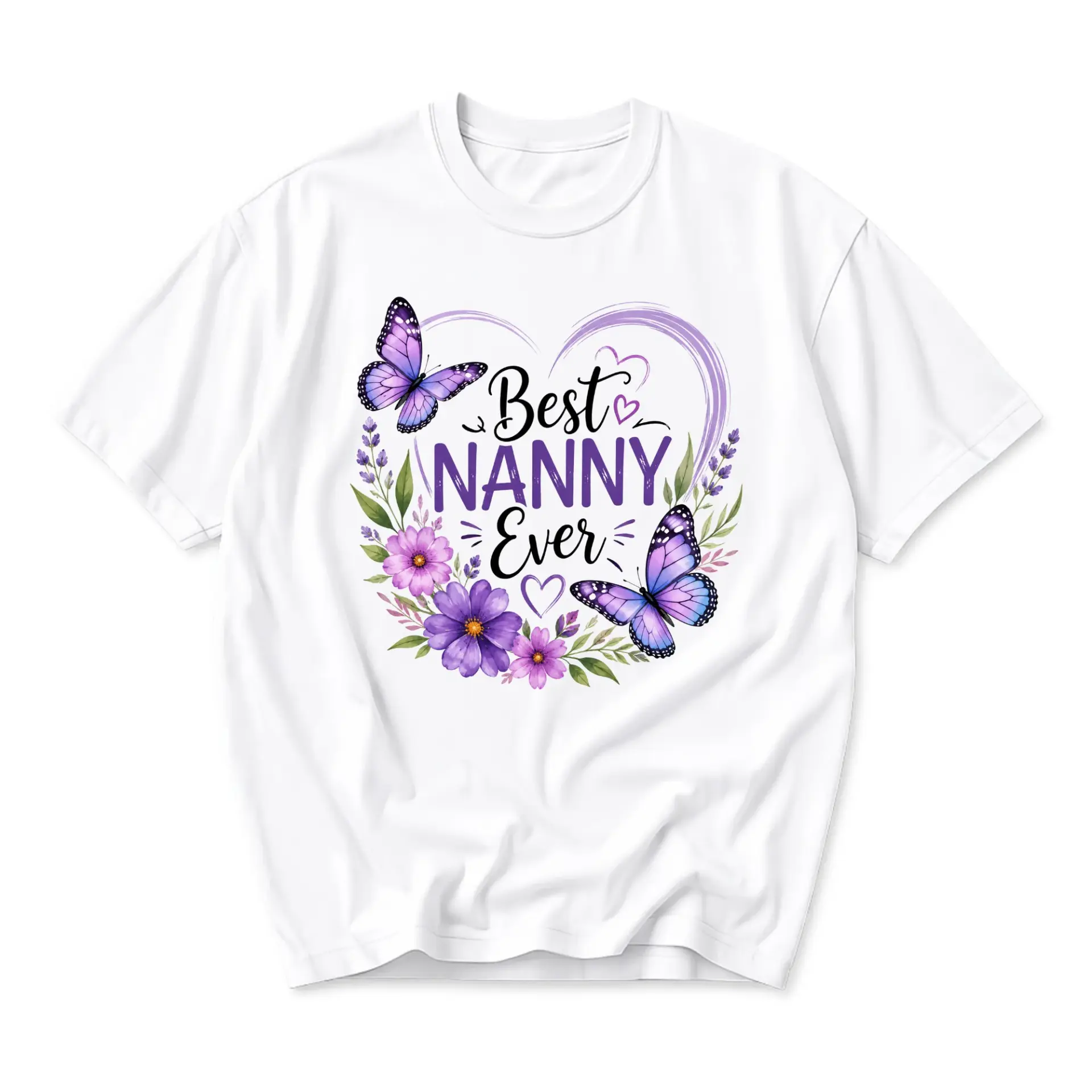 Graphic Tee Best Nanny Ever Butterfly and Floral Print Shirt Casual Unisex