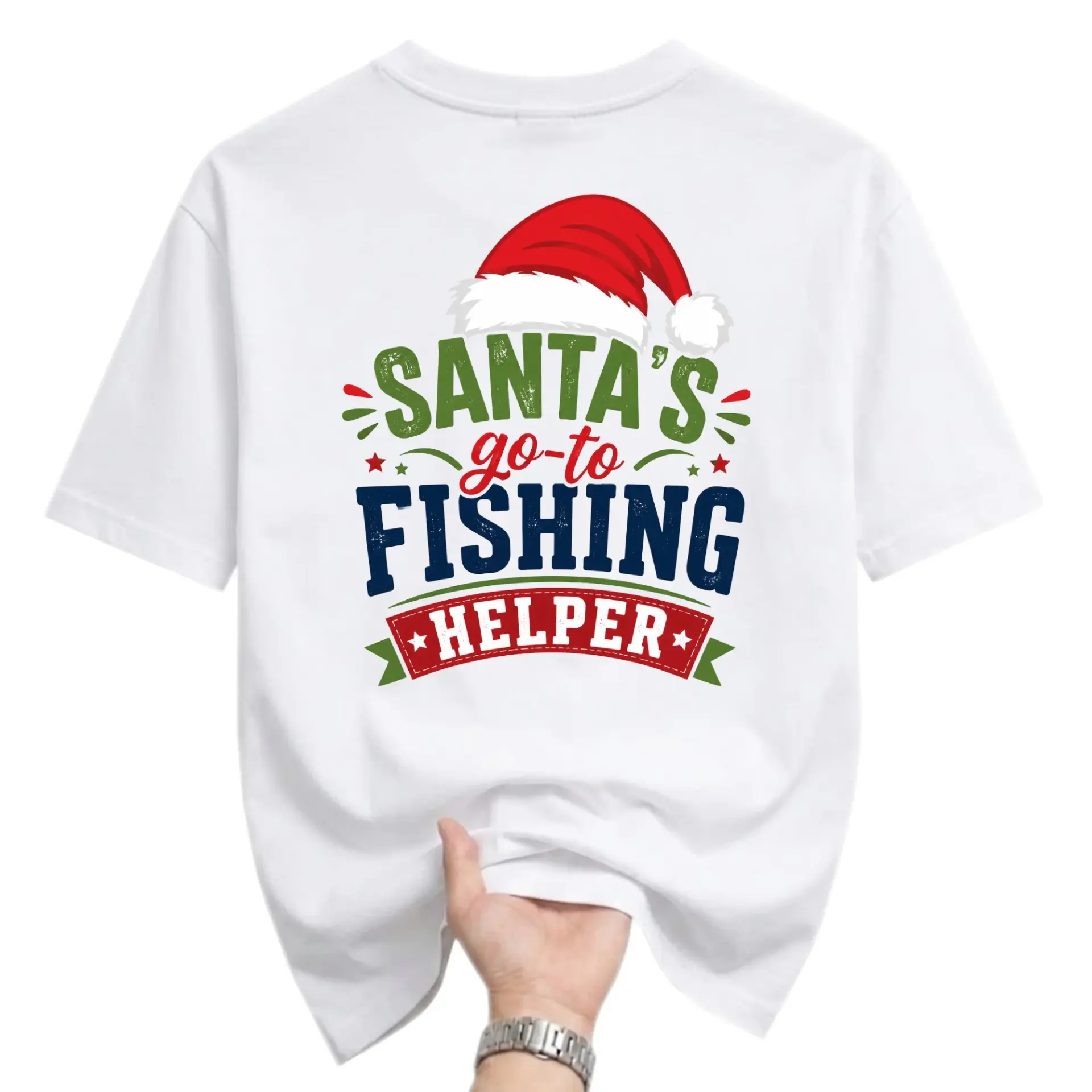 Funny Shirt Santa's Go-To Fishing Helper Unisex Graphic Tee Holiday Season Enthusiast Casual Crew Neck Apparel