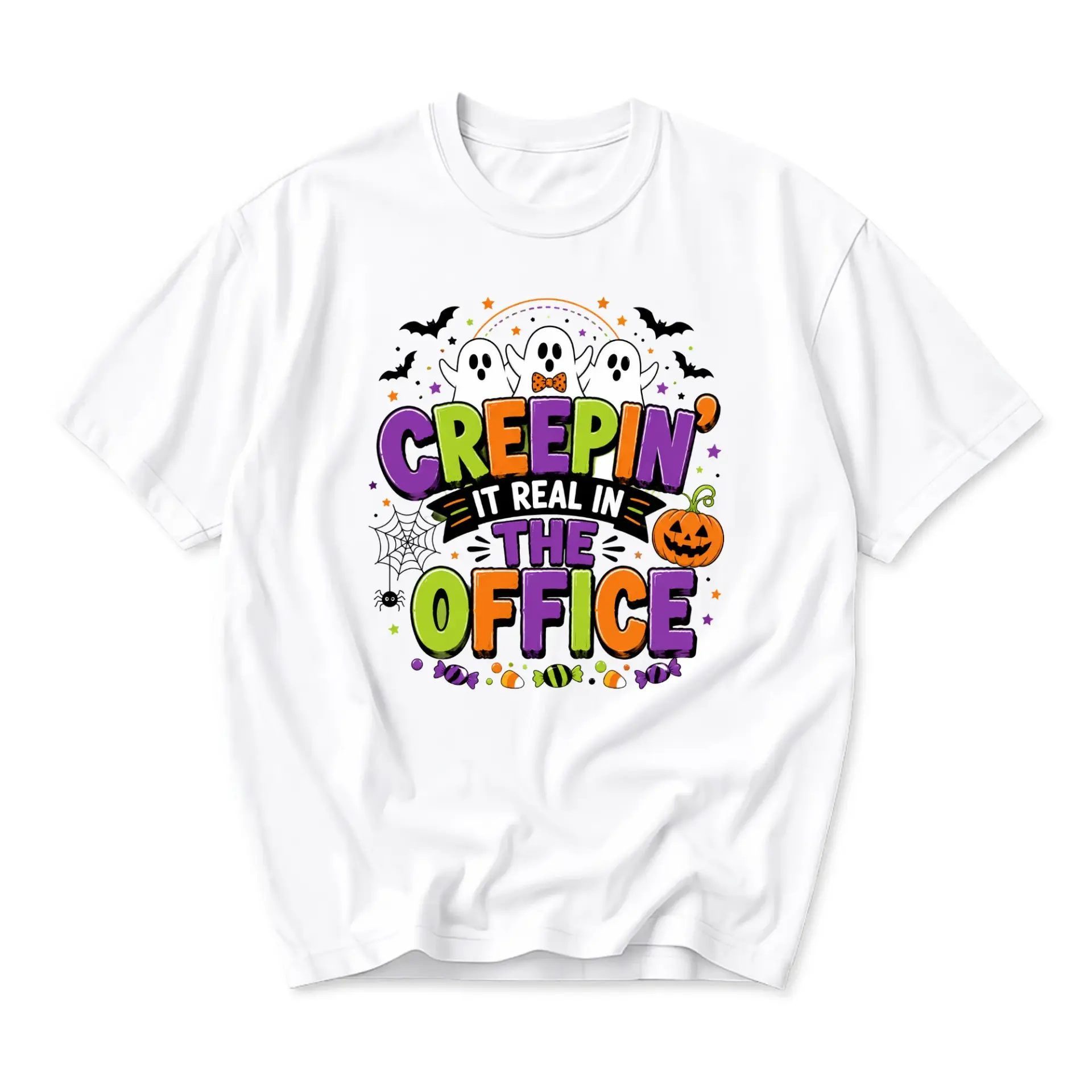 Funny Shirt Creepin It Real in the Office Halloween Graphic Tee Unisex Crew Neck Comfortable Cotton Blend Casual Top