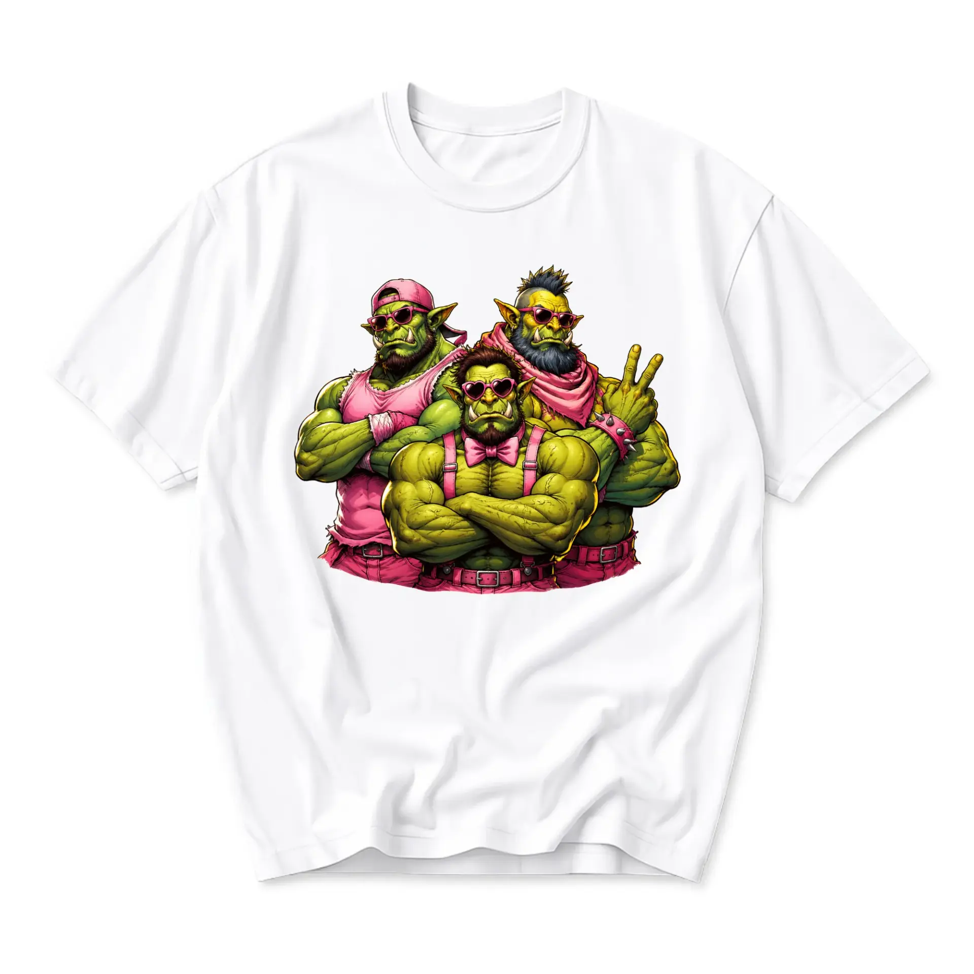 Graphic Tee Unisex Crew Neck Shirt Featuring Three Stylish Muscular Green Characters in Pink Outfits Trendy Art