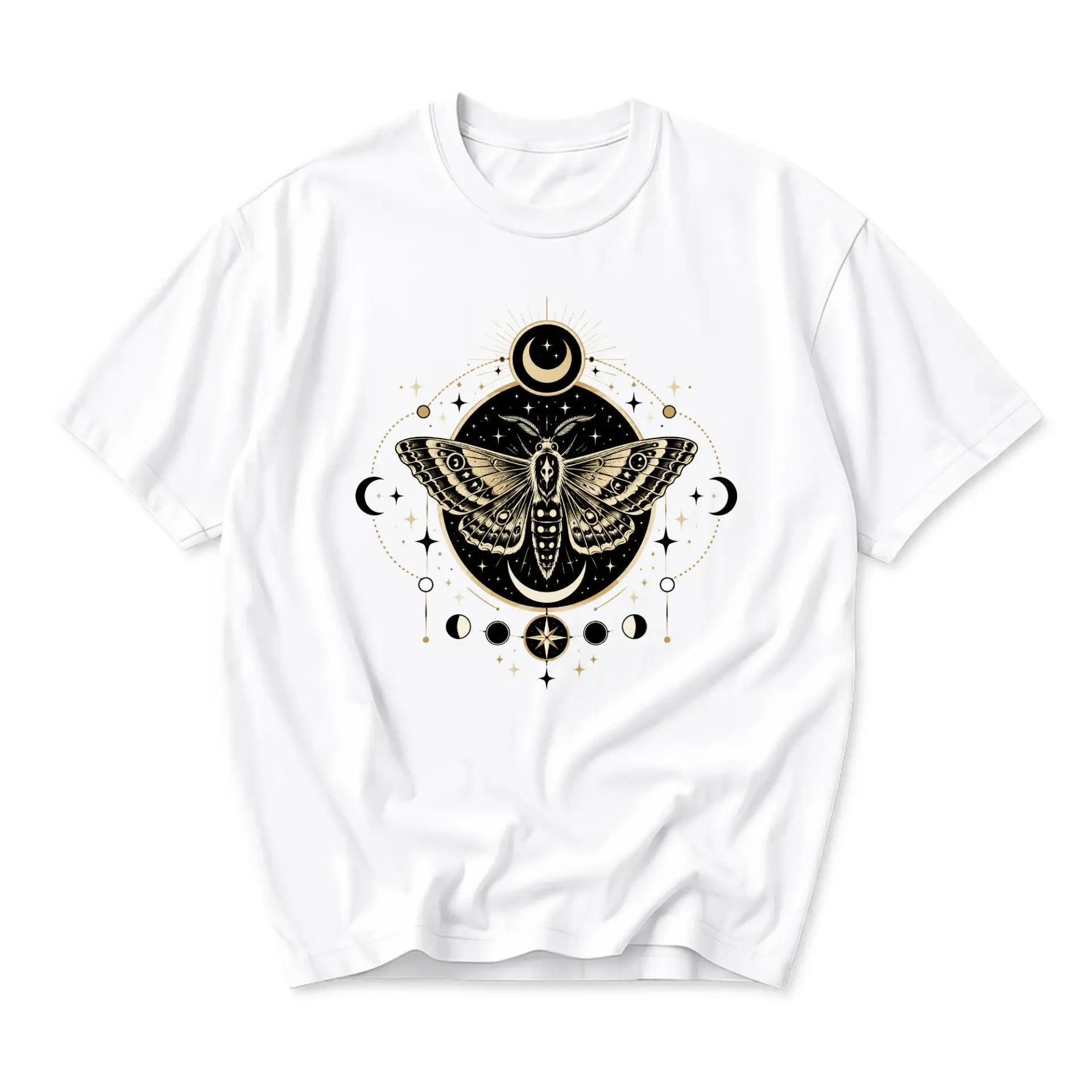 T-shirt Celestial Moth Graphic Tee Occult Mystic Moon Star Print White Unisex Cotton Crew Neck Short Sleeve Top
