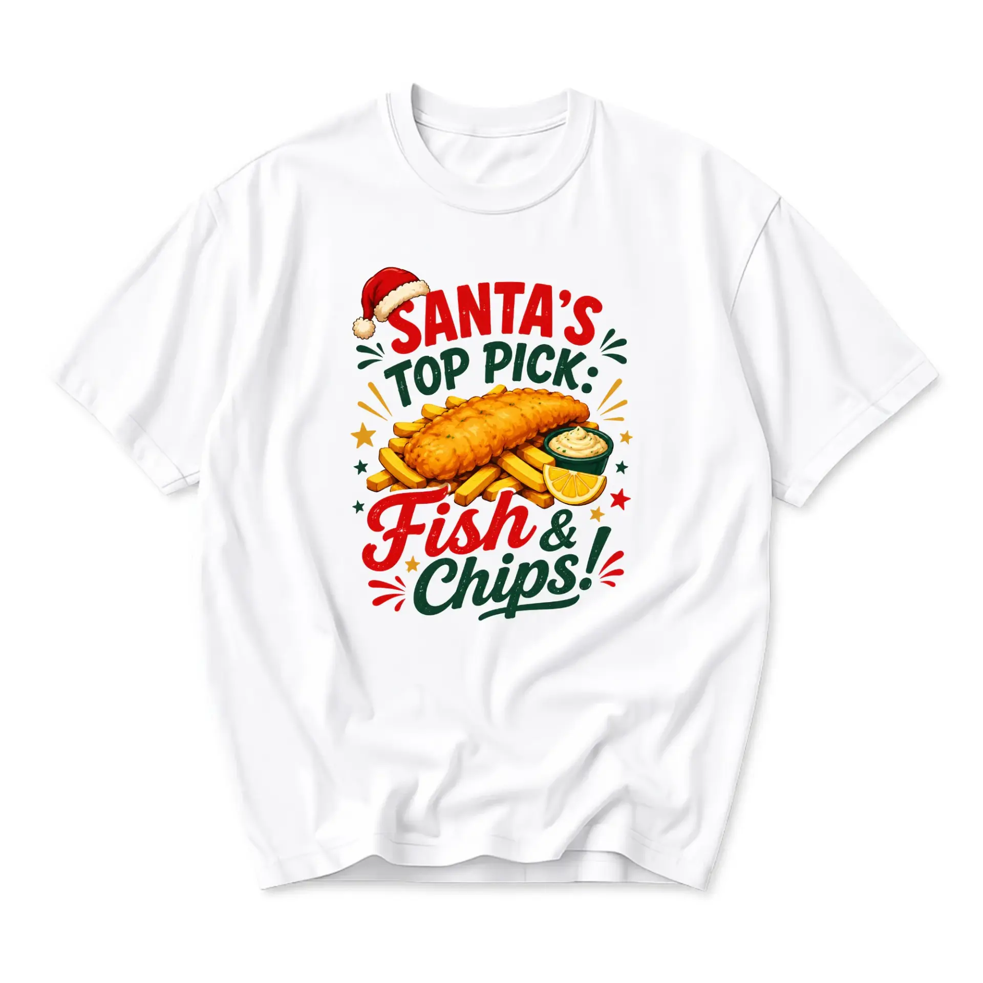 Funny Shirt Santa' Pick Fish and Chips Graphic Tee Holiday Food Lover Unisex Casual Crew Neck White Cotton T-Shirt