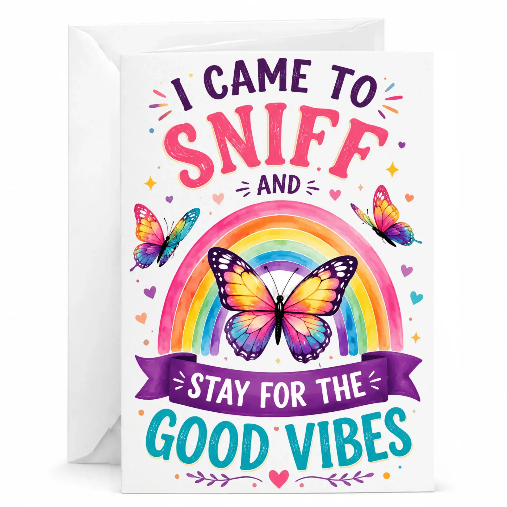Funny Butterfly Greeting Card with Colorful Rainbow Illustration Inspirational Stationery