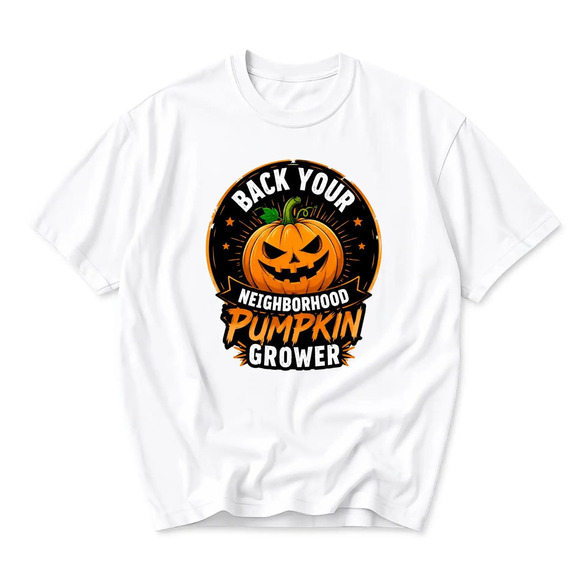 Graphic Tee Back Your Neighborhood Pumpkin Grower Unisex Casual Shirt Featuring Jack O Lantern Fall Seasonal Design