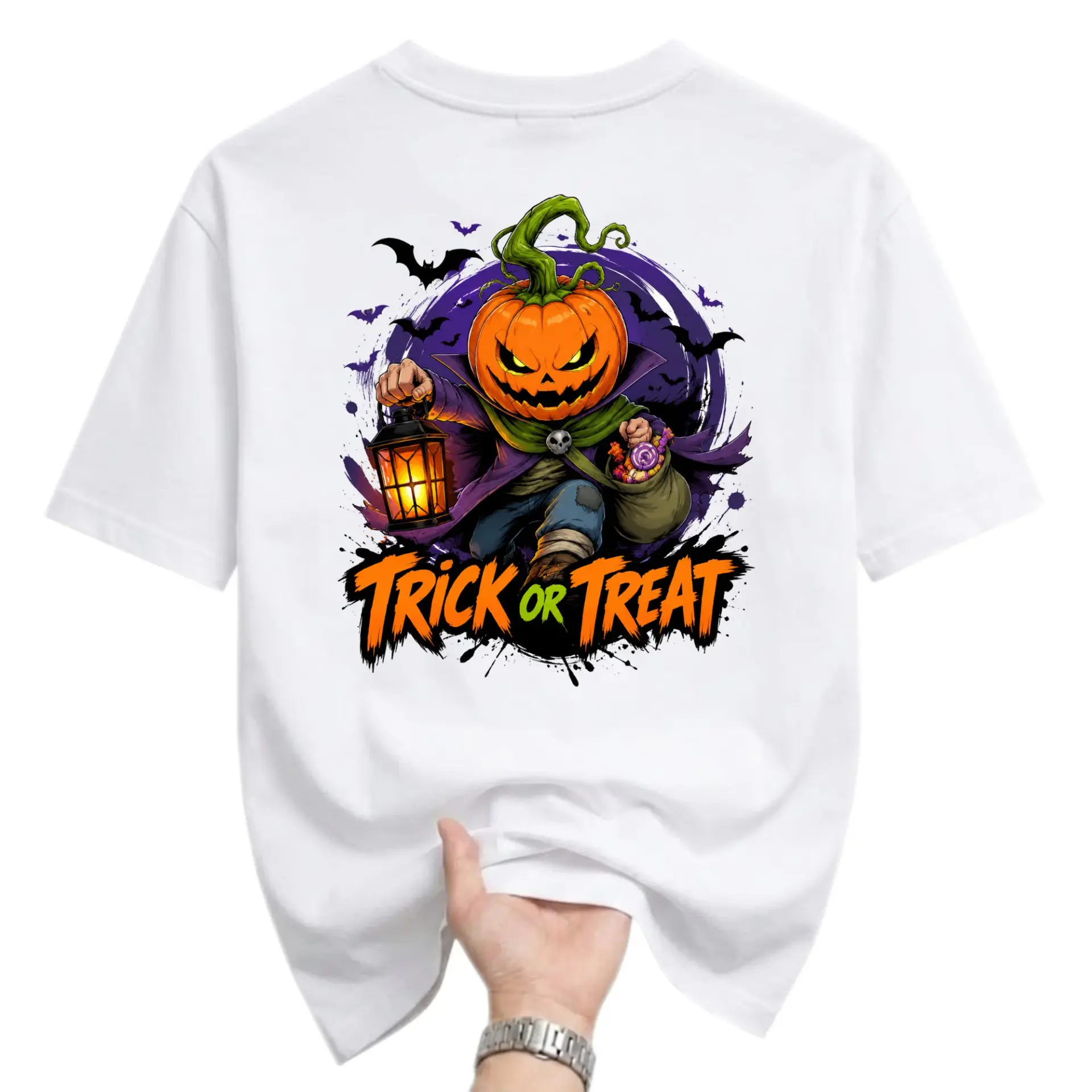 Graphic Tee Trick or Treat Pumpkin Character Unisex Shirt Halloween Holiday Apparel Casual Crew Neck Cotton Top