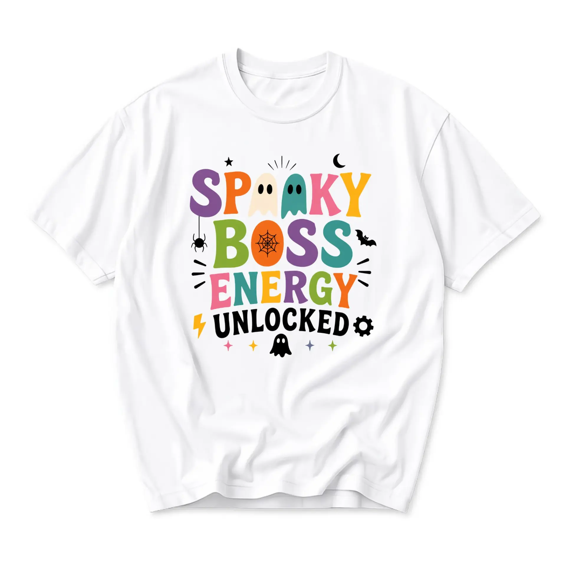 Graphic Tee Spooky Boss Energy Unlocked Shirt Funny Halloween Inspired Unisex Crew Neck Casual Everyday Wear Top