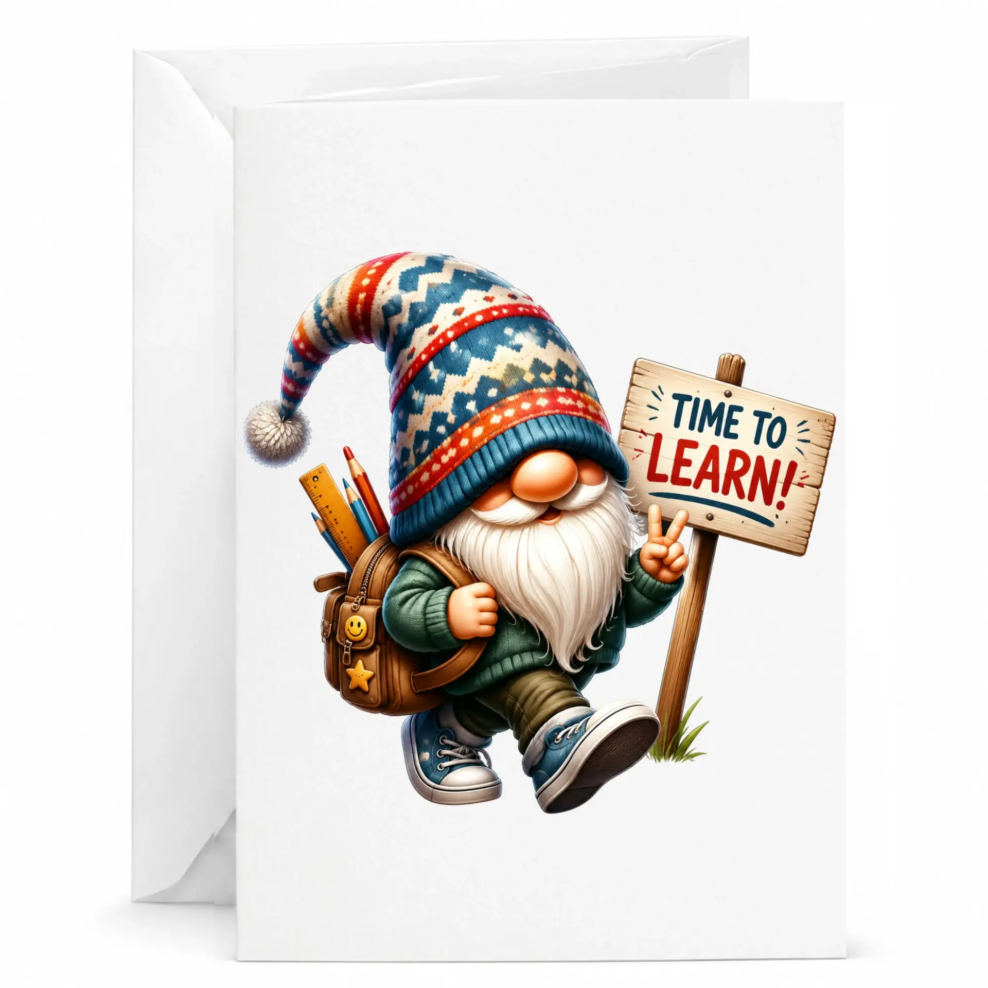 Funny Gnome Greeting Card Featuring Cute Garden Character with and Sign for Encouragement