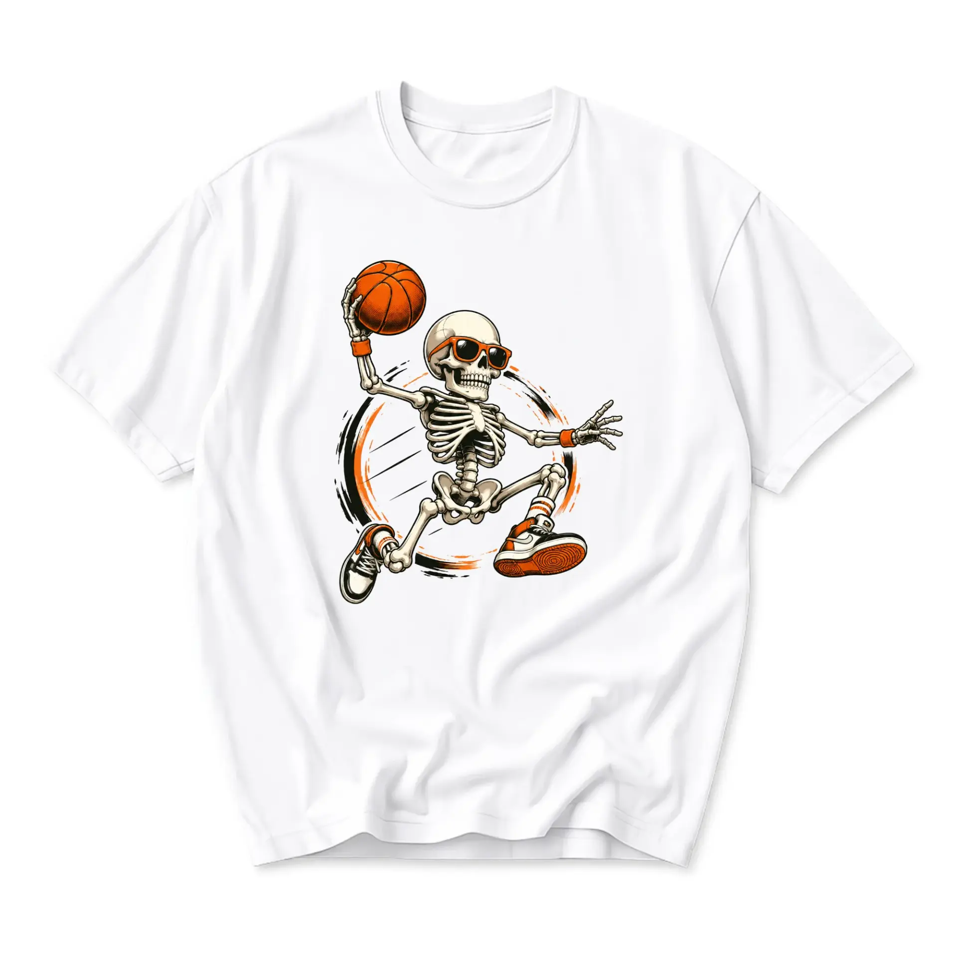 Graphic Tee Unisex Crew Neck T-Shirt Featuring Basketball Playing Skeleton Illustration Cool Sports Streetwear Top