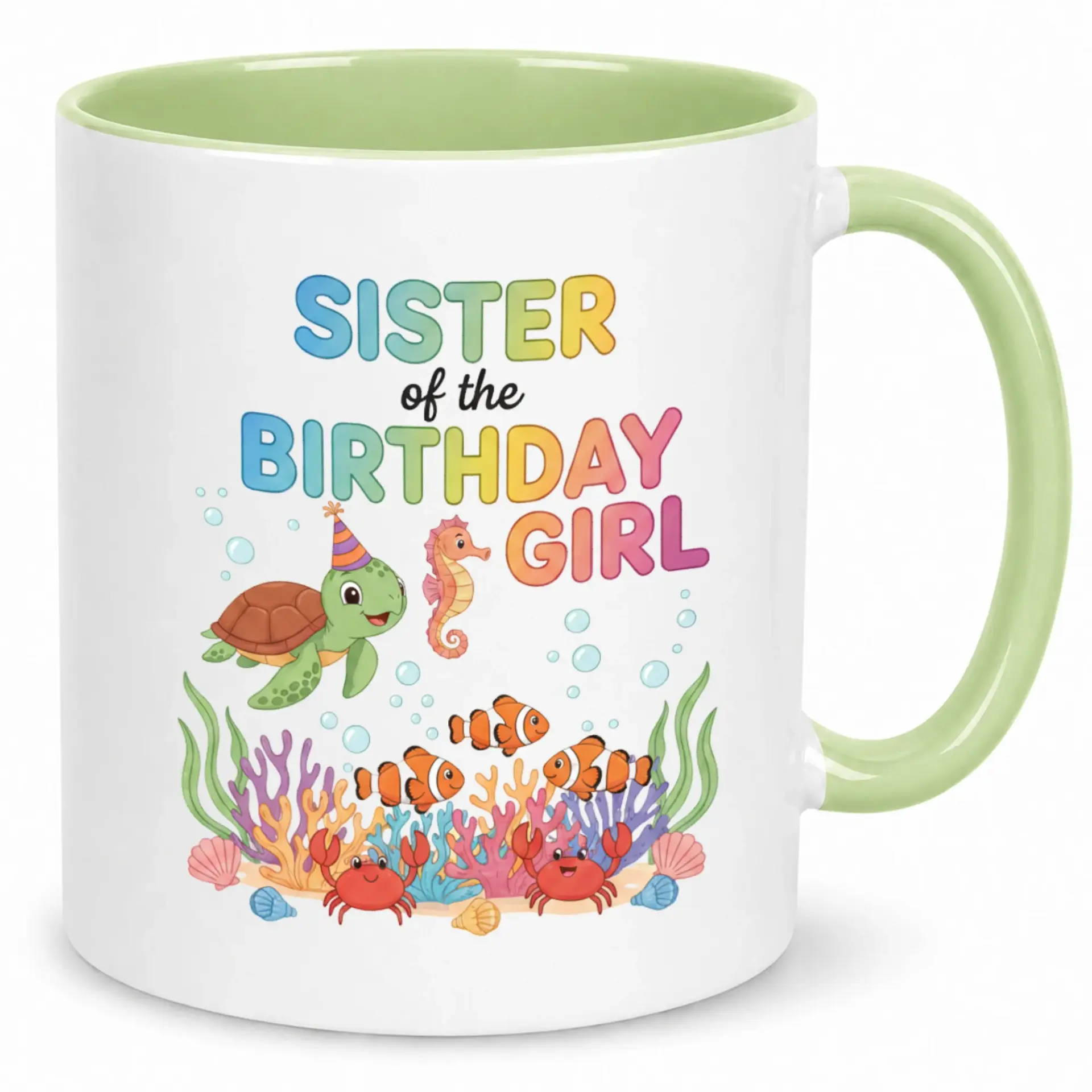 Birthday Girl Sister Ceramic Coffee Mug with Fun Underwater Animal Design Thoughtful Gift Celebrating Her Loved One