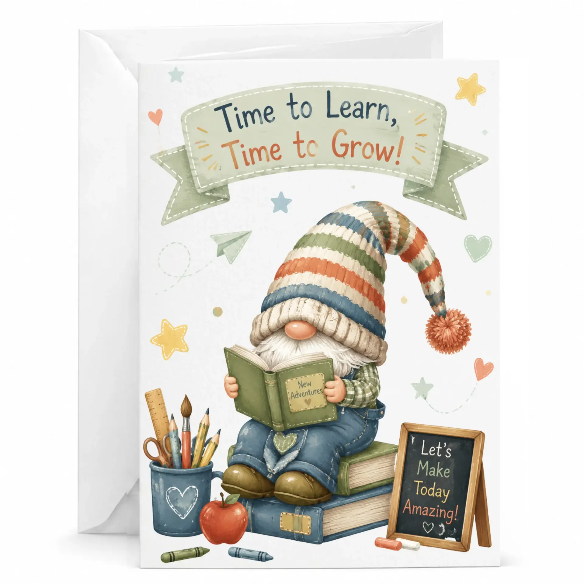 Inspirational Gnome Greeting Card with Envelope Cute Reading Garden Design Encouraging Note for Friends