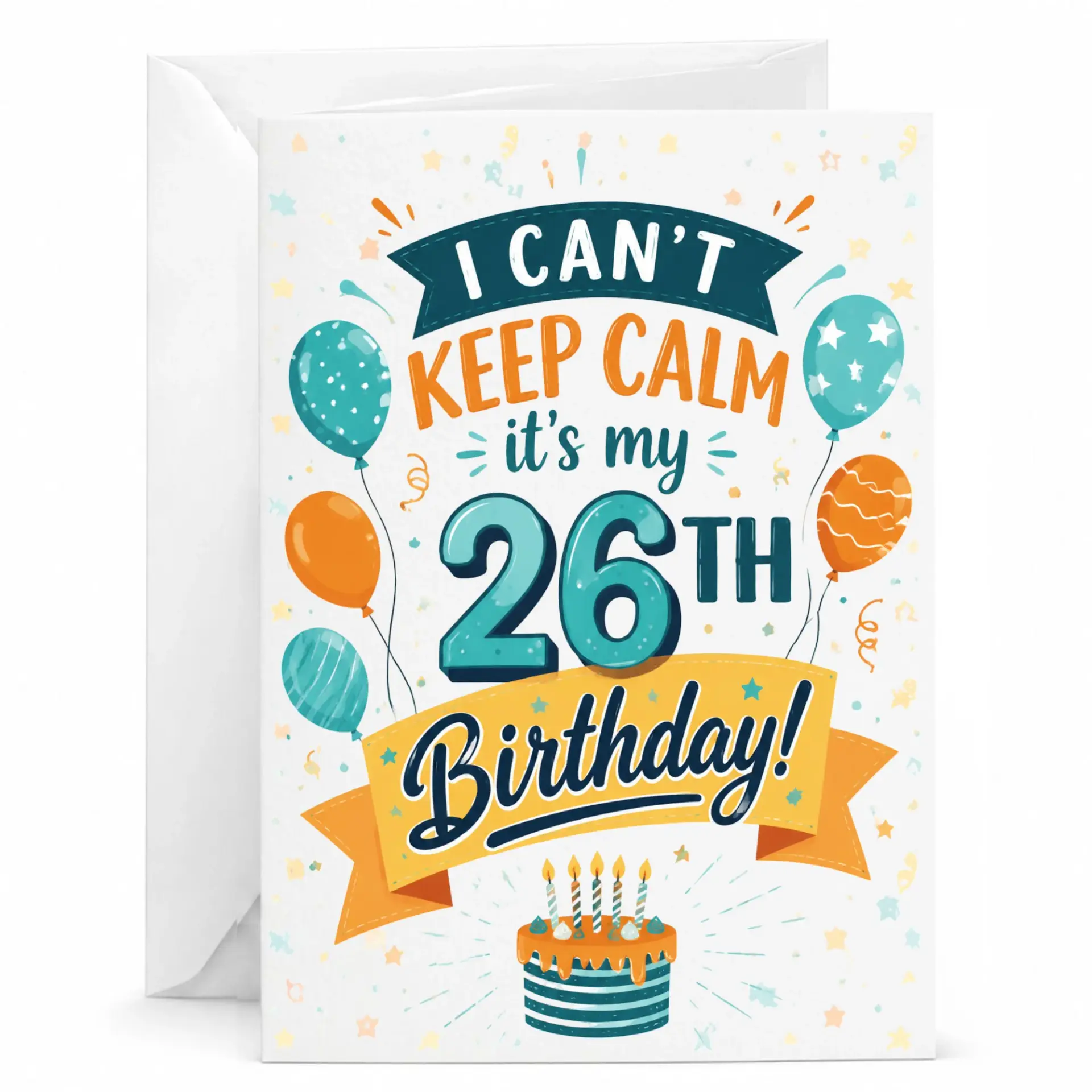 Birthday Card Funny 26th Birthday Celebration Greeting with Festive Balloons and Cake Illustration for Milestone Age