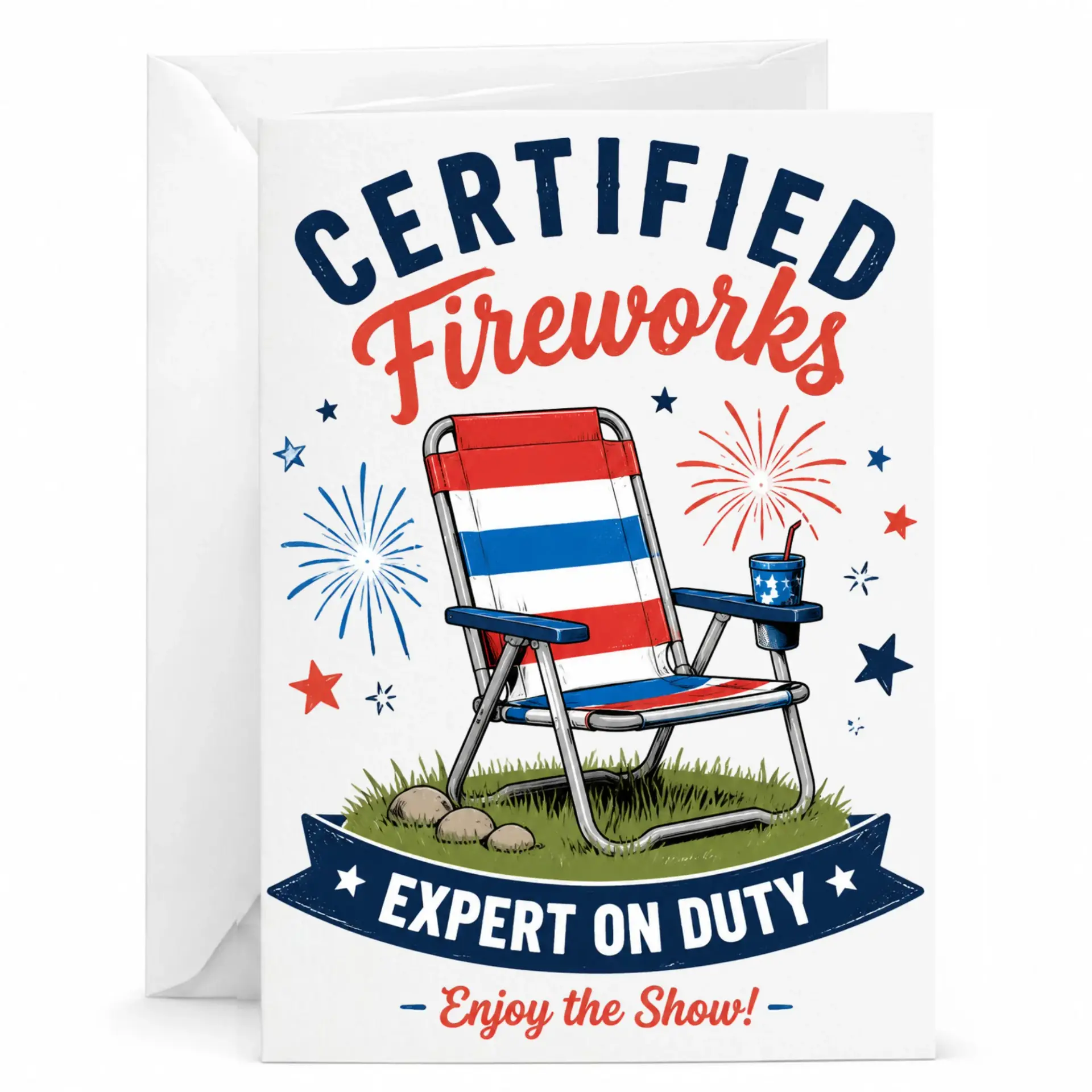 Funny Greeting Card Certified Fireworks Expert on Duty Featuring Patriotic Chair Illustration for Summer Holiday Fun