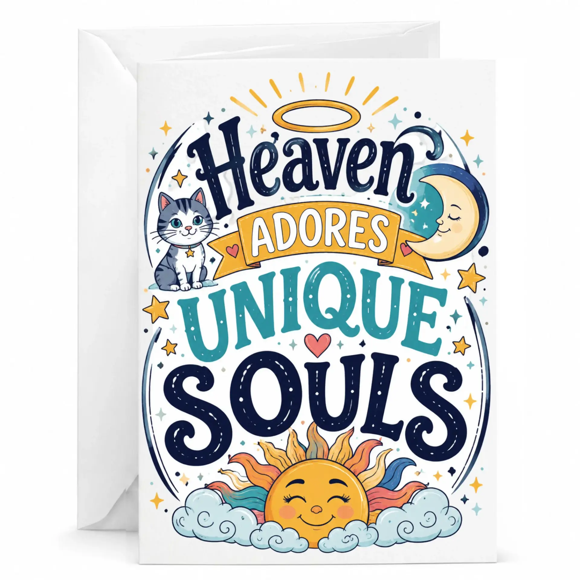 Heaven Adores Unique Souls Greeting Card with Envelope Celestial Cat Design Note for Sympathy and Encouragement