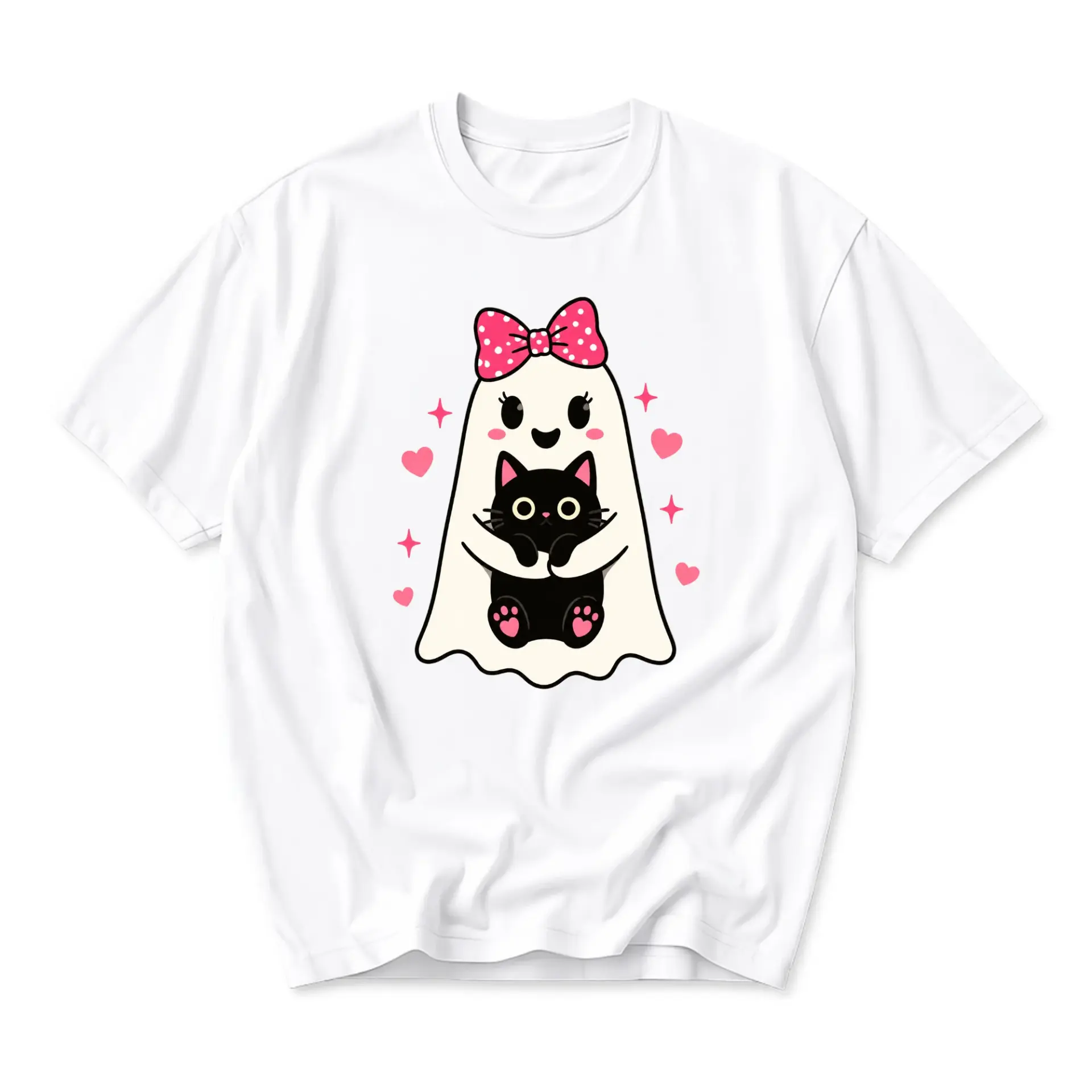 Graphic Tee Unisex Crew Neck T-Shirt Cute Ghost Holding Black Cat Illustration Casual Everyday Cotton Apparel