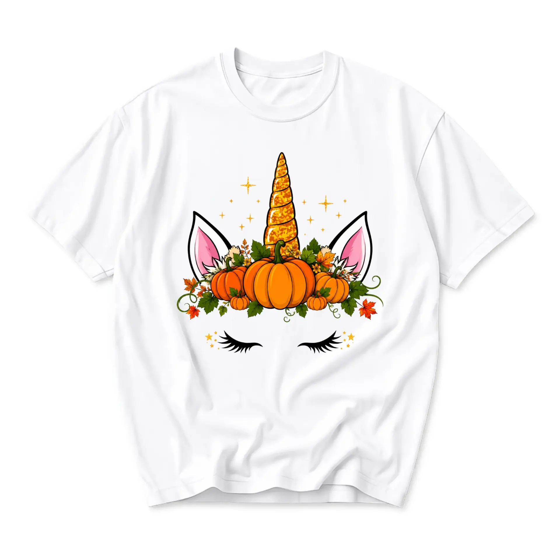 Graphic Tee Pumpkin Unicorn Face Fall Aesthetic Unisex Crew Neck Short Sleeve Casual Cotton Blend Shirt
