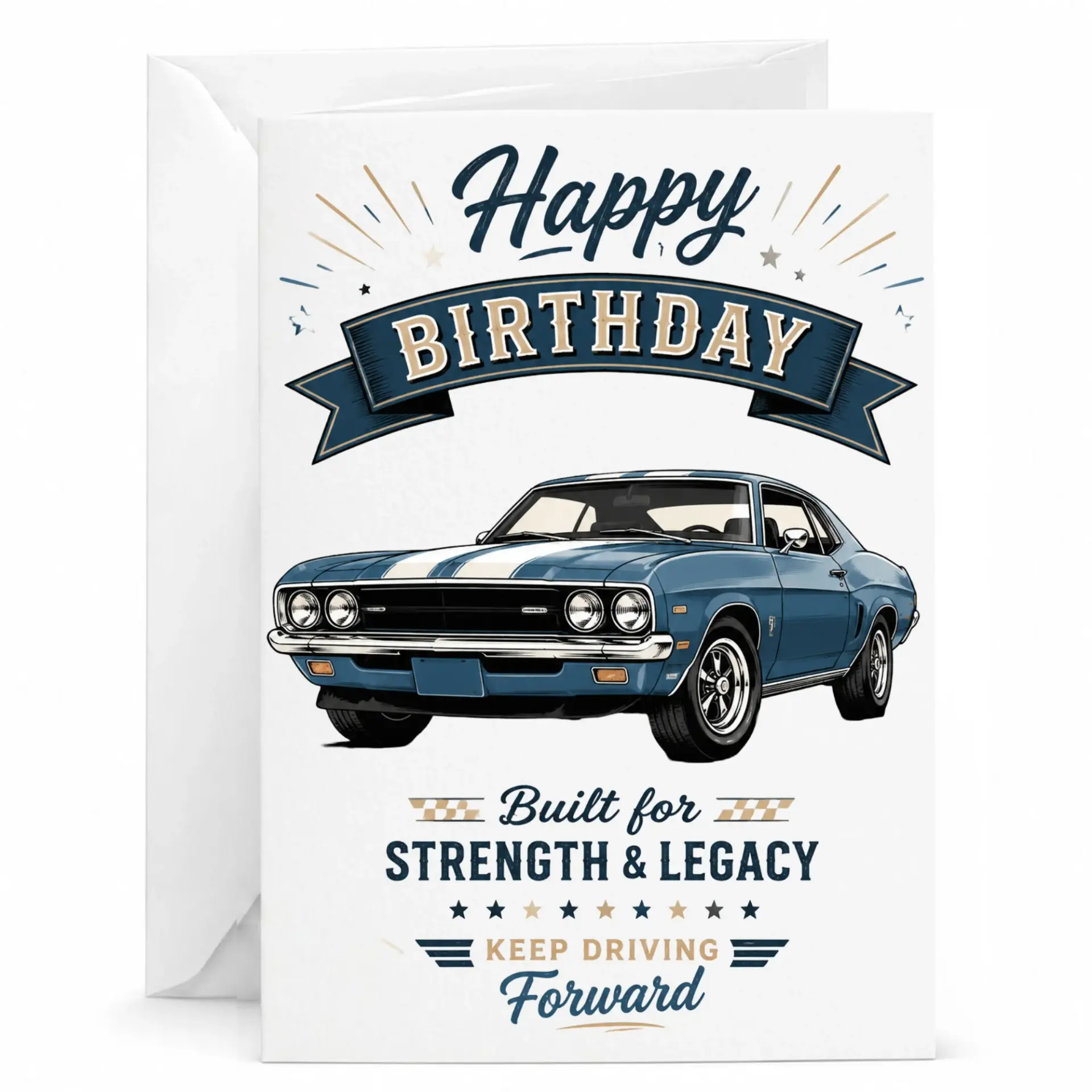 Birthday Card Featuring Classic Muscle Car Illustration with Vintage Automotive Aesthetic for Car Enthusiasts and Fans