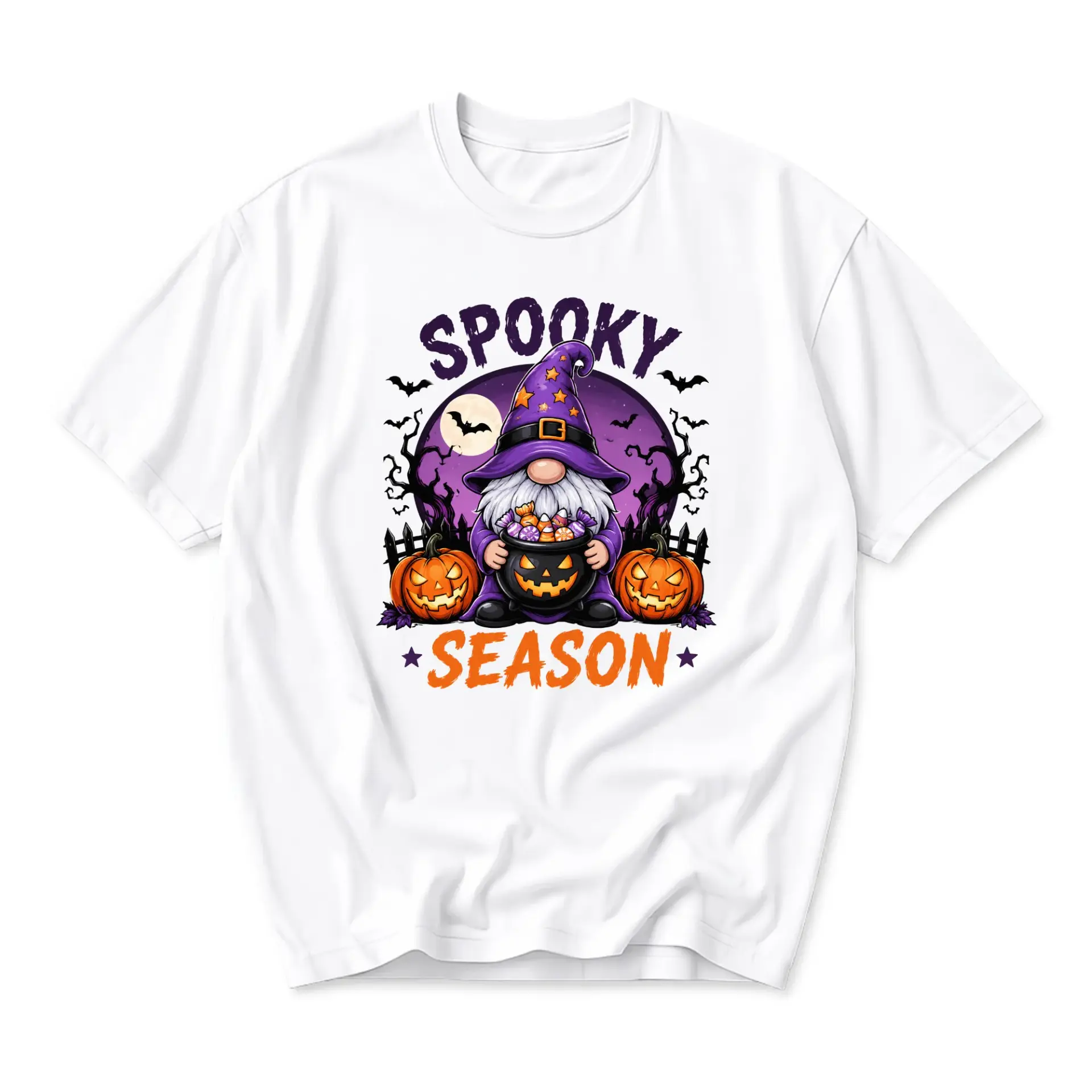 Graphic Tee Spooky Season Halloween Gnome T-Shirt Featuring a Witch Hat Gnome Holding a Pumpkin Bucket with Candy