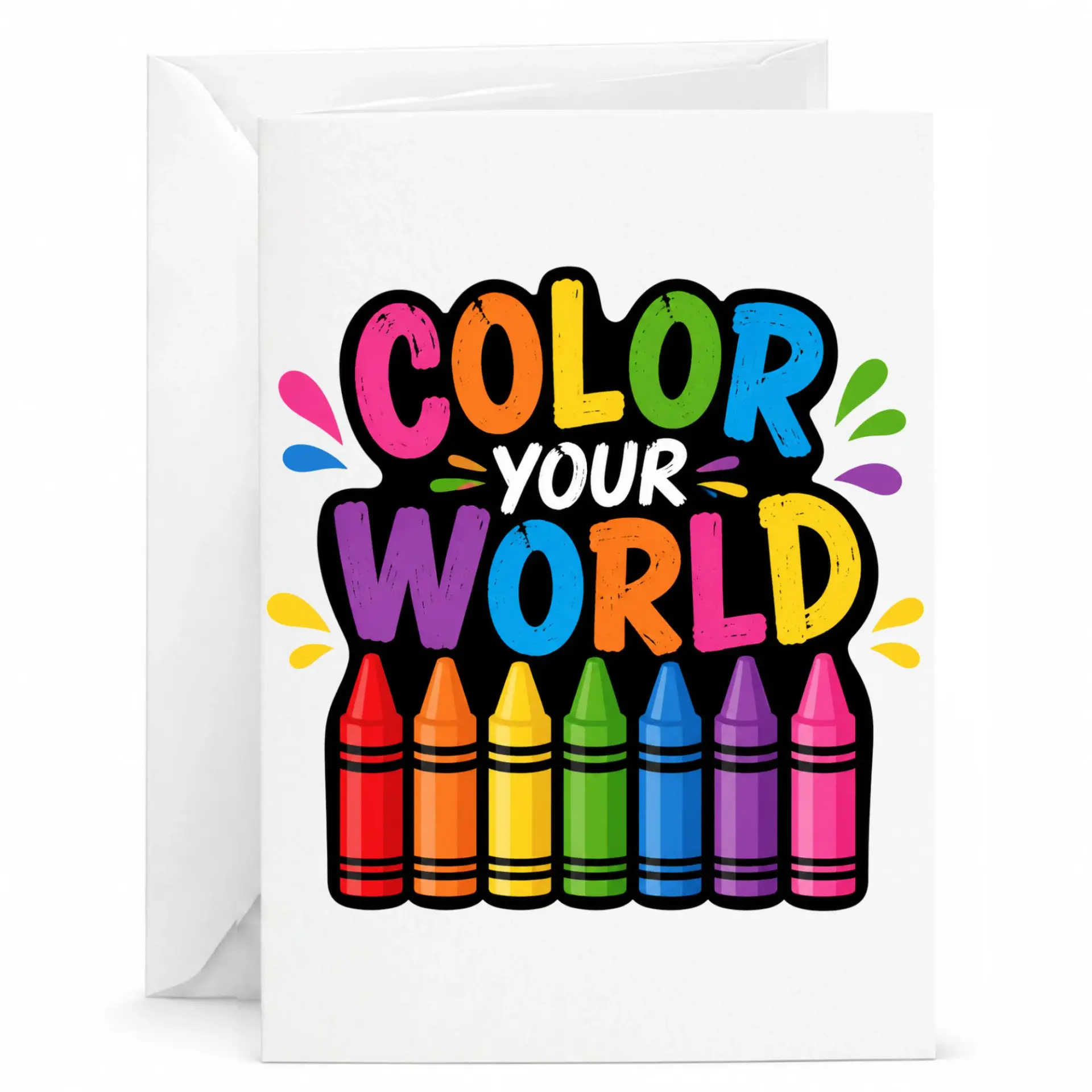 Color Your World Greeting Card Featuring Vibrant Crayon Illustration and Artistic Design for Joyful Occasions Messages