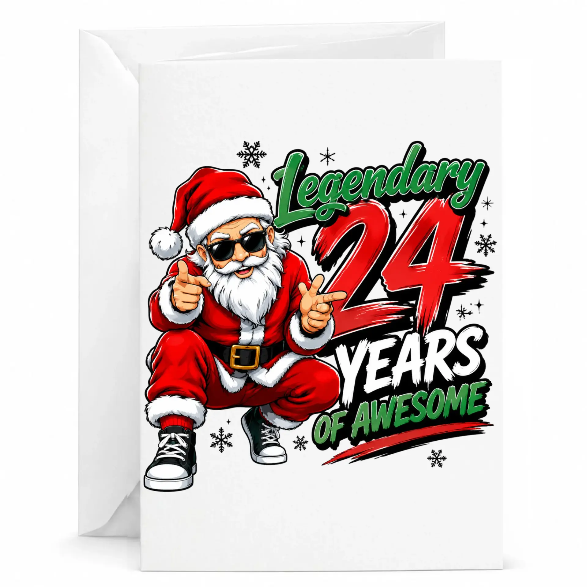 Funny Birthday Card Legendary 24 Years of Awesome Featuring Cool Santa Claus Wearing Sunglasses and Sneakers Design