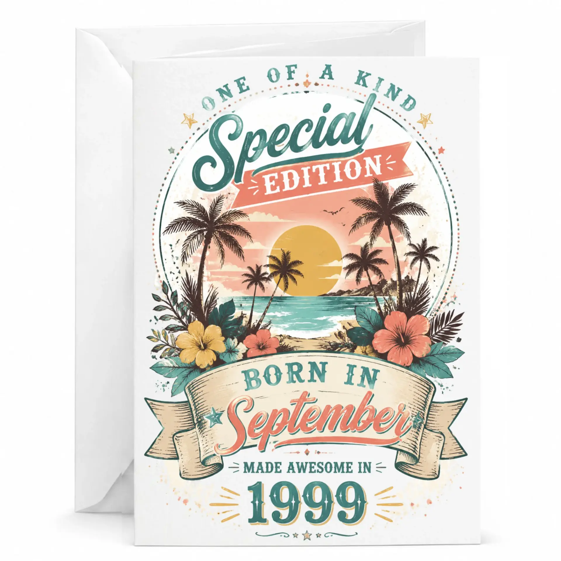 Greeting Card Born in September 1999 Special Edition Tropical Beach Sunset Birthday Note Card for Friend and Family