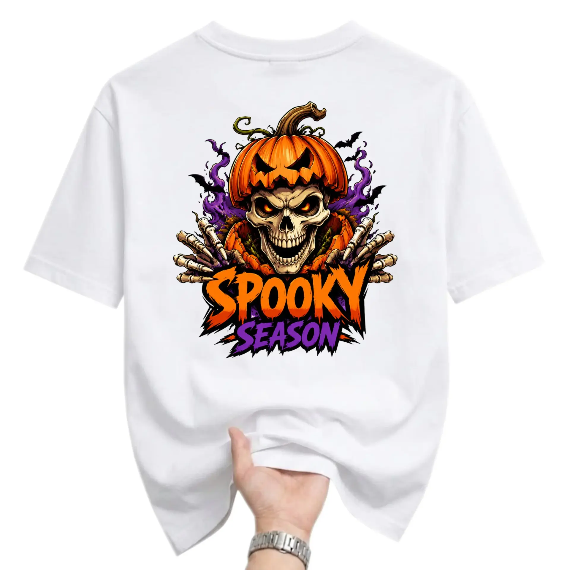 Graphic Tee Spooky Season Pumpkin Skull Print Unisex Crew Neck Shirt for Casual Everyday Wear and Holiday Style